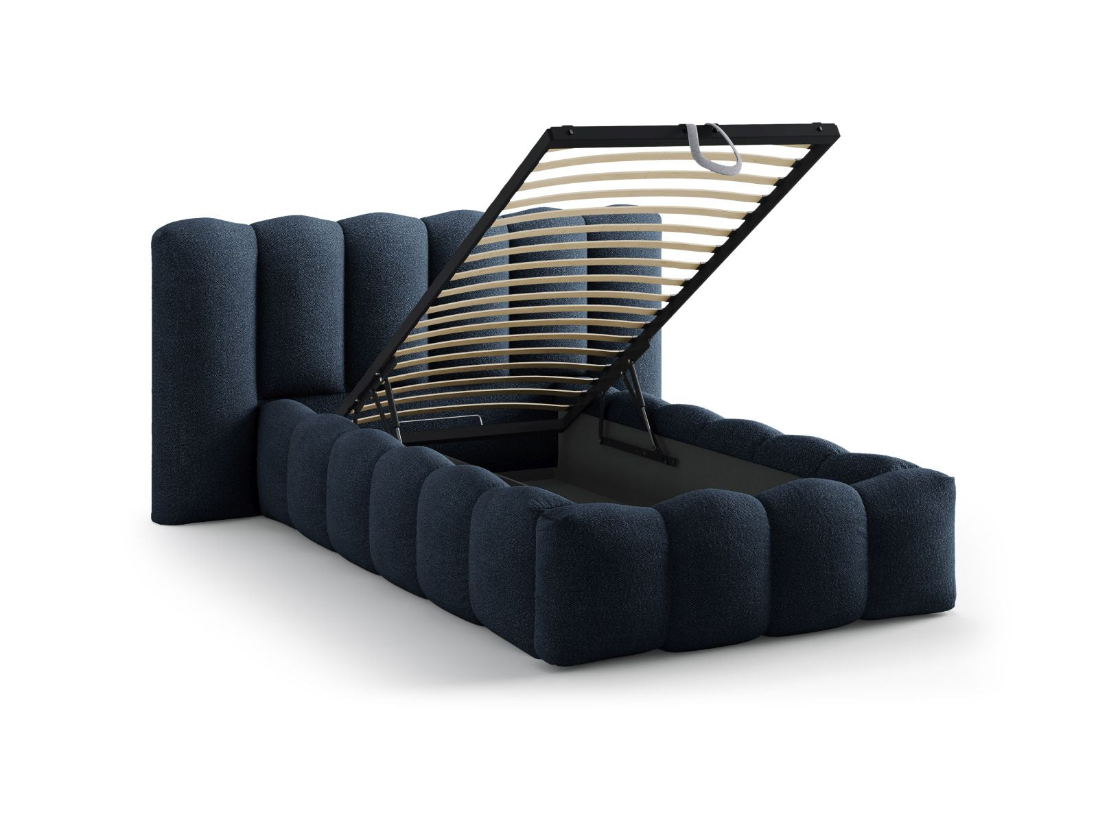 Modernes Micadoni Bett Lupine mit 90 cm Breite, funktionalem Stauraum und ansprechendem Kopfteil in edlem Dunkelblau.