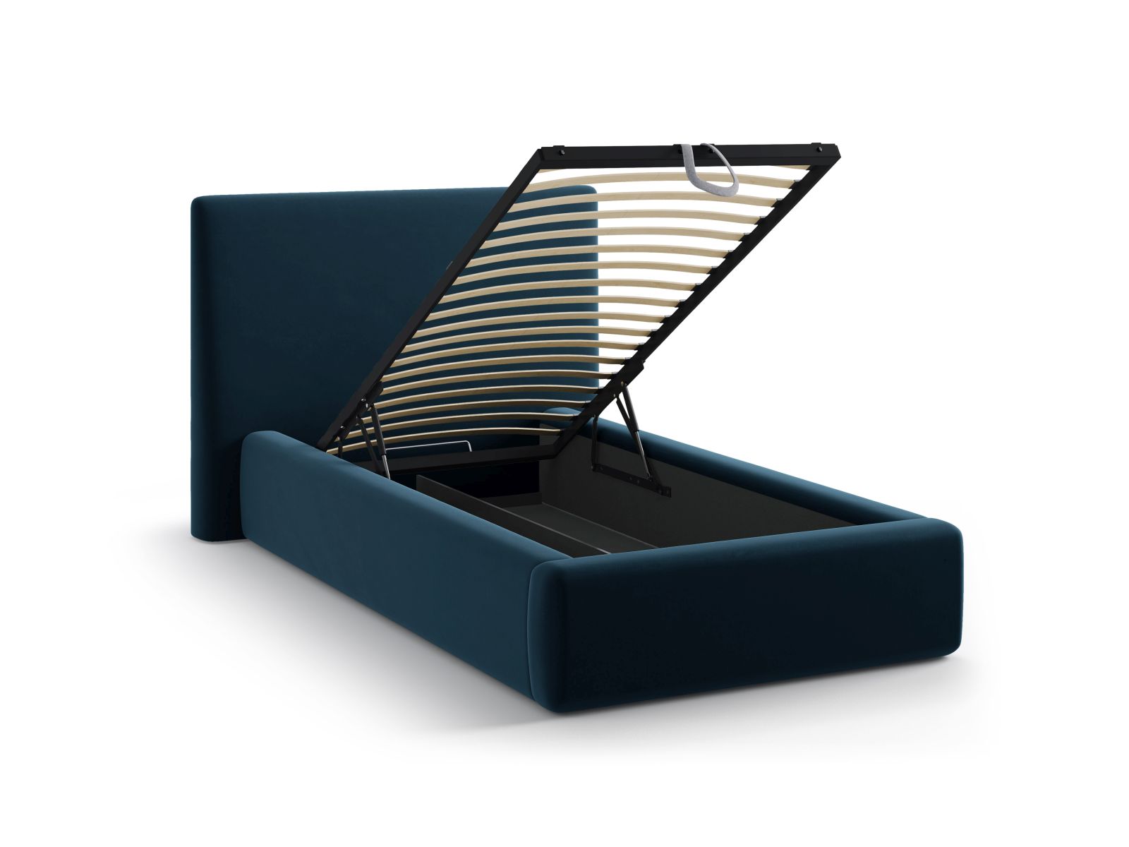Stylisches Amy Bett mit 90 cm Breite, ausgestattet mit praktischem Stauraum und elegantem Kopfteil in luxuriösem Navy Blue-Magic Velvet.