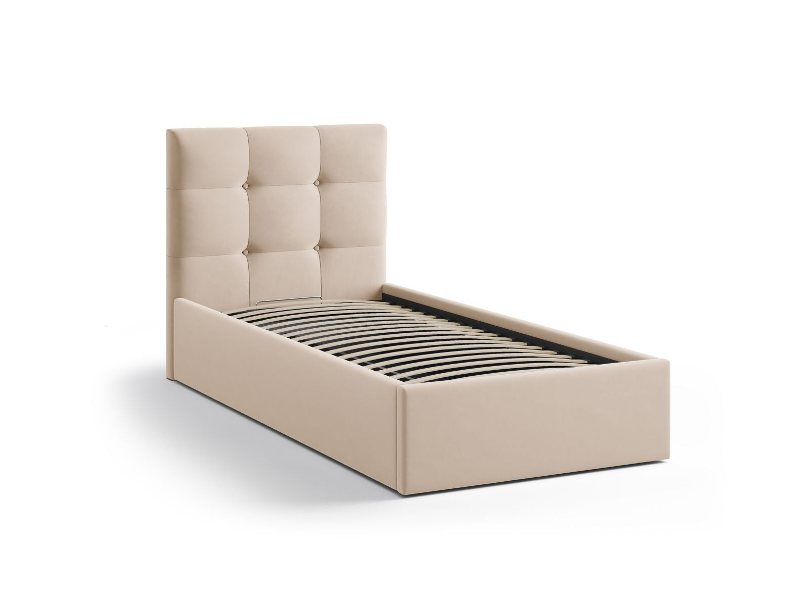 Elegantes Phaedra Bett in 90 cm mit praktischem Stauraum und geschmackvollem Kopfteil in Almond Beige aus Magic Velvet.