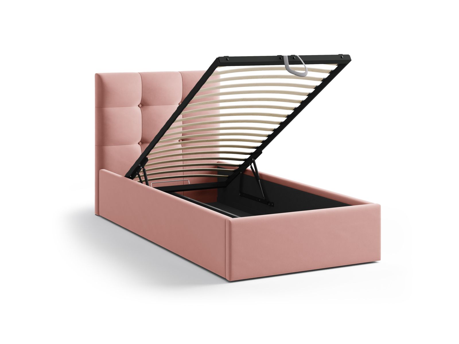 Stylisches Phaedra Bett in 90 cm mit funktionalem Stauraum und einem ansprechenden, samtigen Kopfteil in lebhaftem Pink für moderne Schlafzimmer.