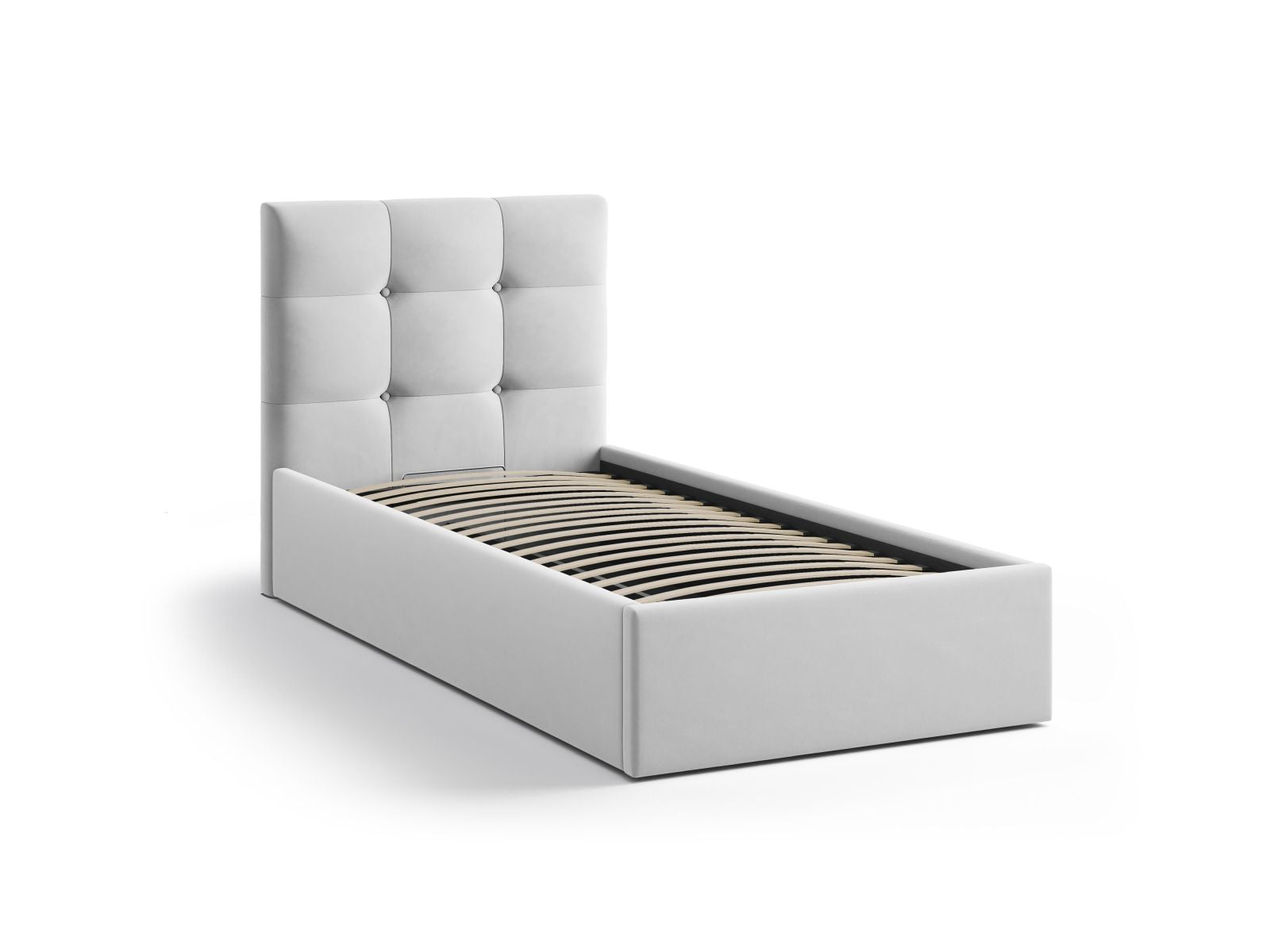 Elegantes Phaedra Bett in Light Grey-Magic Velvet, 90 cm, mit integriertem Stauraum und geschmackvollem Kopfteil für zeitgemäße Einrichtung.