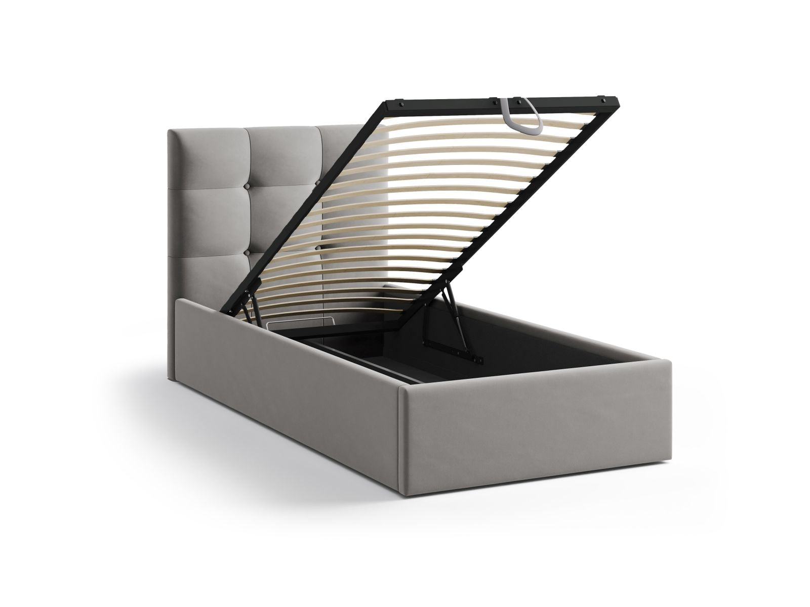 Modernes Phaedra Bett in 90 cm Breite, ausgestattet mit praktischem Stauraum und einem geschmackvollen Kopfteil in elegantem Dunkelgrau.