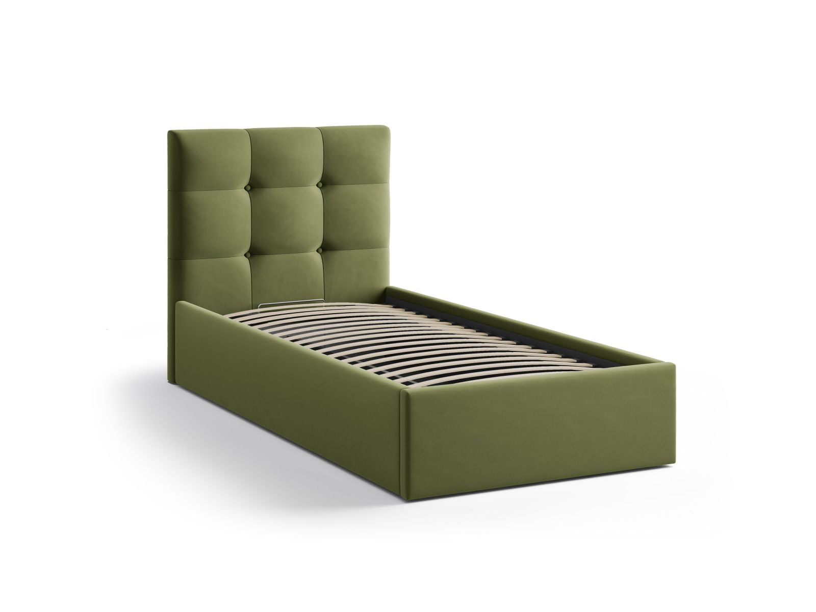 Elegantes Phaedra Bett in Army Green-Magic Velvet, 90 cm, ausgestattet mit praktischem Stauraum und einem ansprechenden Kopfteil für stilvolle Schlafzimmer.