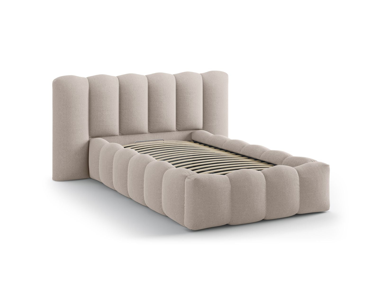 Elegantes Micadoni Bett Lupine mit 90 cm Breite, ideal für platzsparende Schlafzimmer, bietet praktischen Stauraum und ein stilvolles Kopfteil.