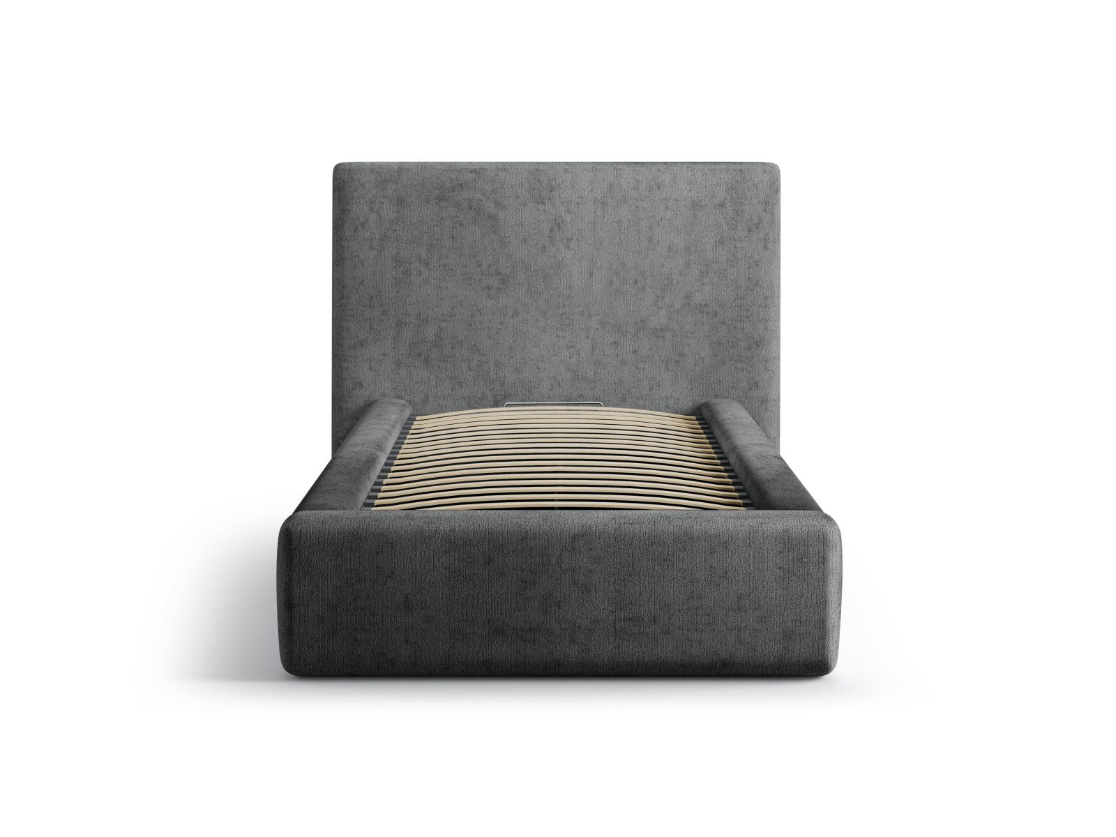 Stylisches Amy Bett mit praktischem Stauraum und elegantem Kopfteil in Dunkelgrau, ideal für moderne Schlafzimmer. 90cm Breite.