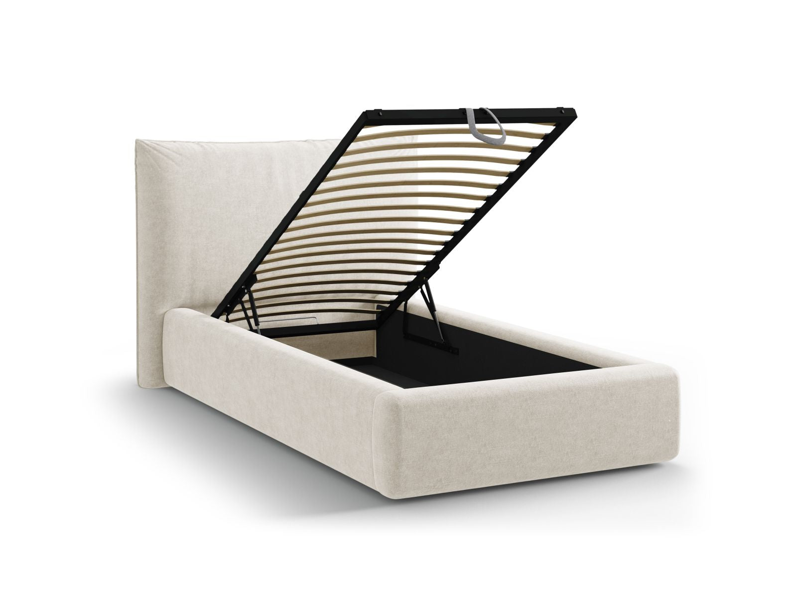 Elegantes Kaelle Bett in zartem Beige, ideal für kleine Räume, bietet cleveren Stauraum und ein geschmackvolles Kopfteil für Komfort.