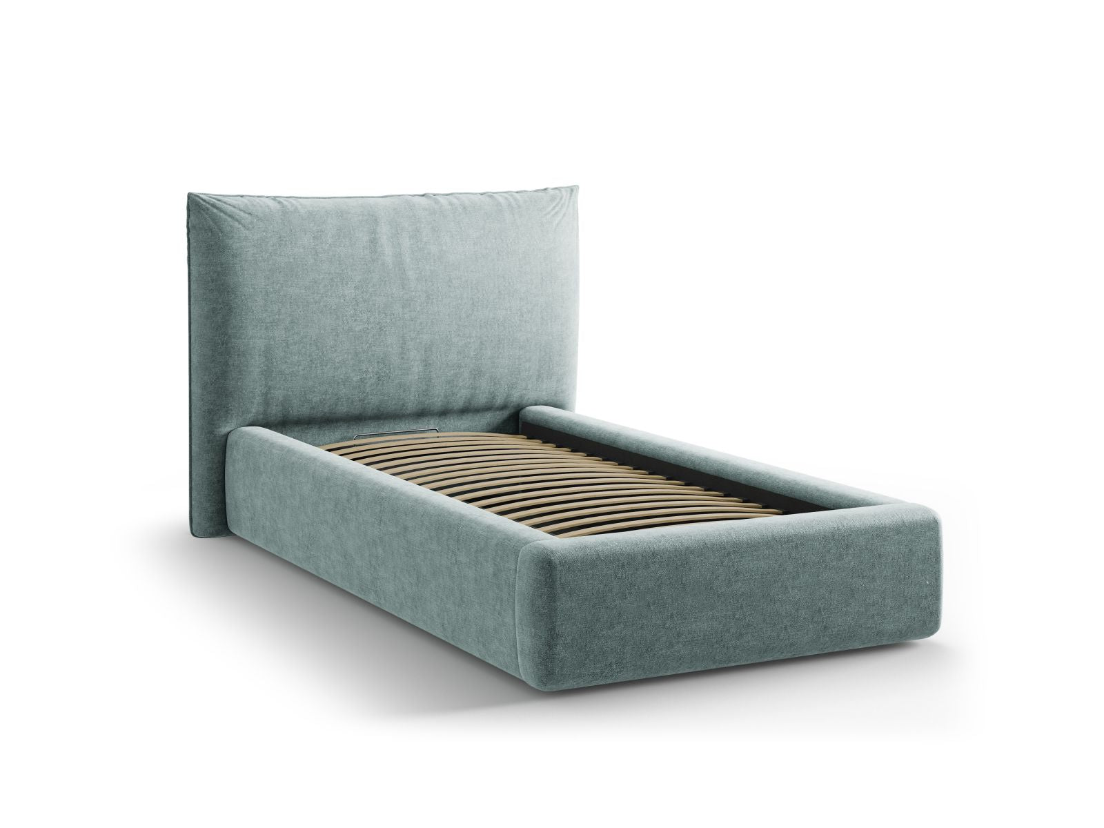Stylisches Kaelle Bett in 90 cm Breite, ideal für kleine Räume, mit praktischem Stauraum und modernem Kopfteil in sanftem Hellblau.