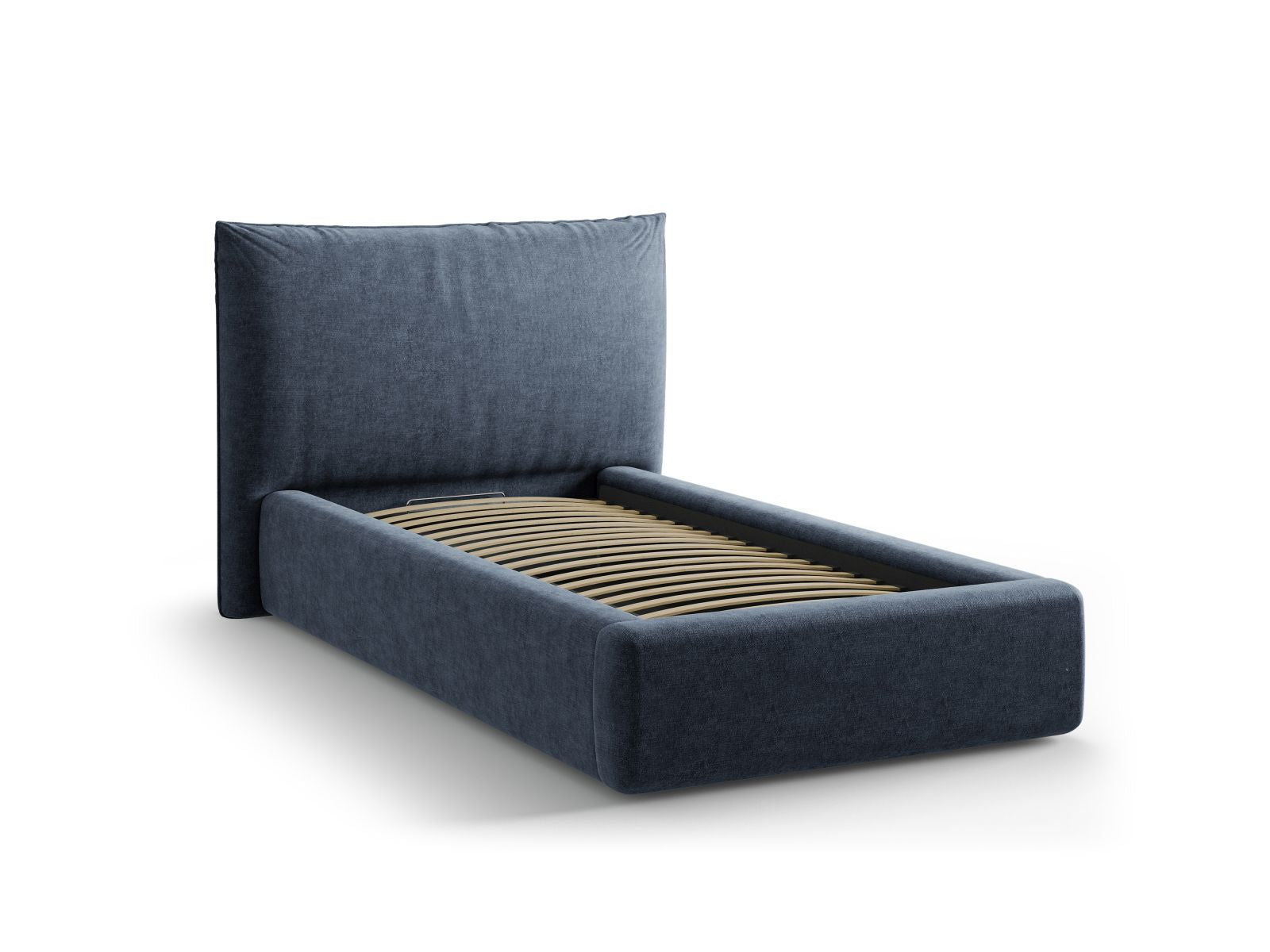 Elegantes Kaelle Bett in Dunkelblau mit 90 cm Breite, bietet cleveren Stauraum und ein modernes Kopfteil, ideal für stilvolle Schlafzimmer.
