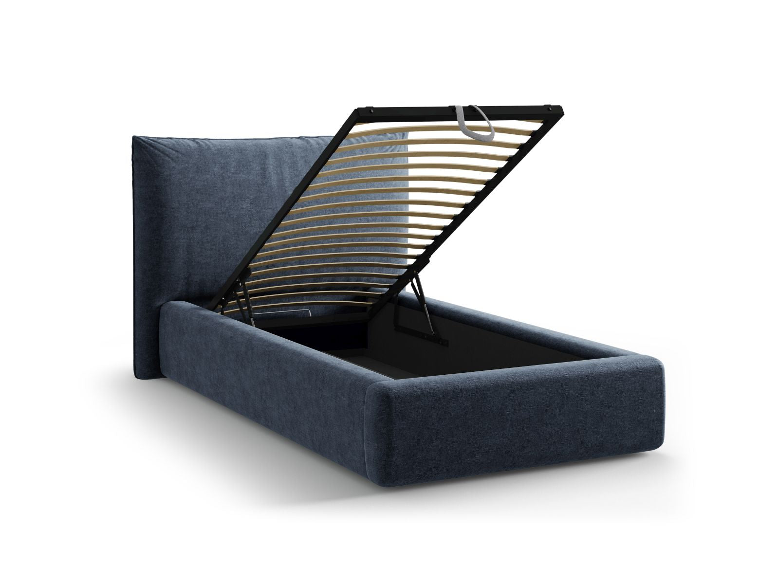 Stylisches Kaelle Bett in Dunkelblau, 90 cm breit, mit praktischem Stauraum und modernem Kopfteil, perfekt für jedes Schlafzimmer.