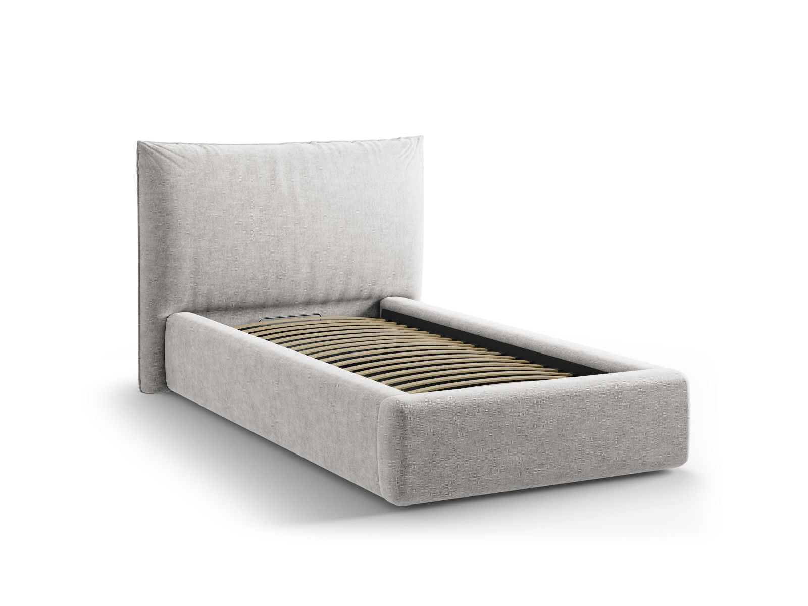 Stylisches Kaelle Bett in sanftem Grau, 90 cm breit, mit komfortablem Kopfteil und cleverem Stauraum für optimale Raumnutzung.