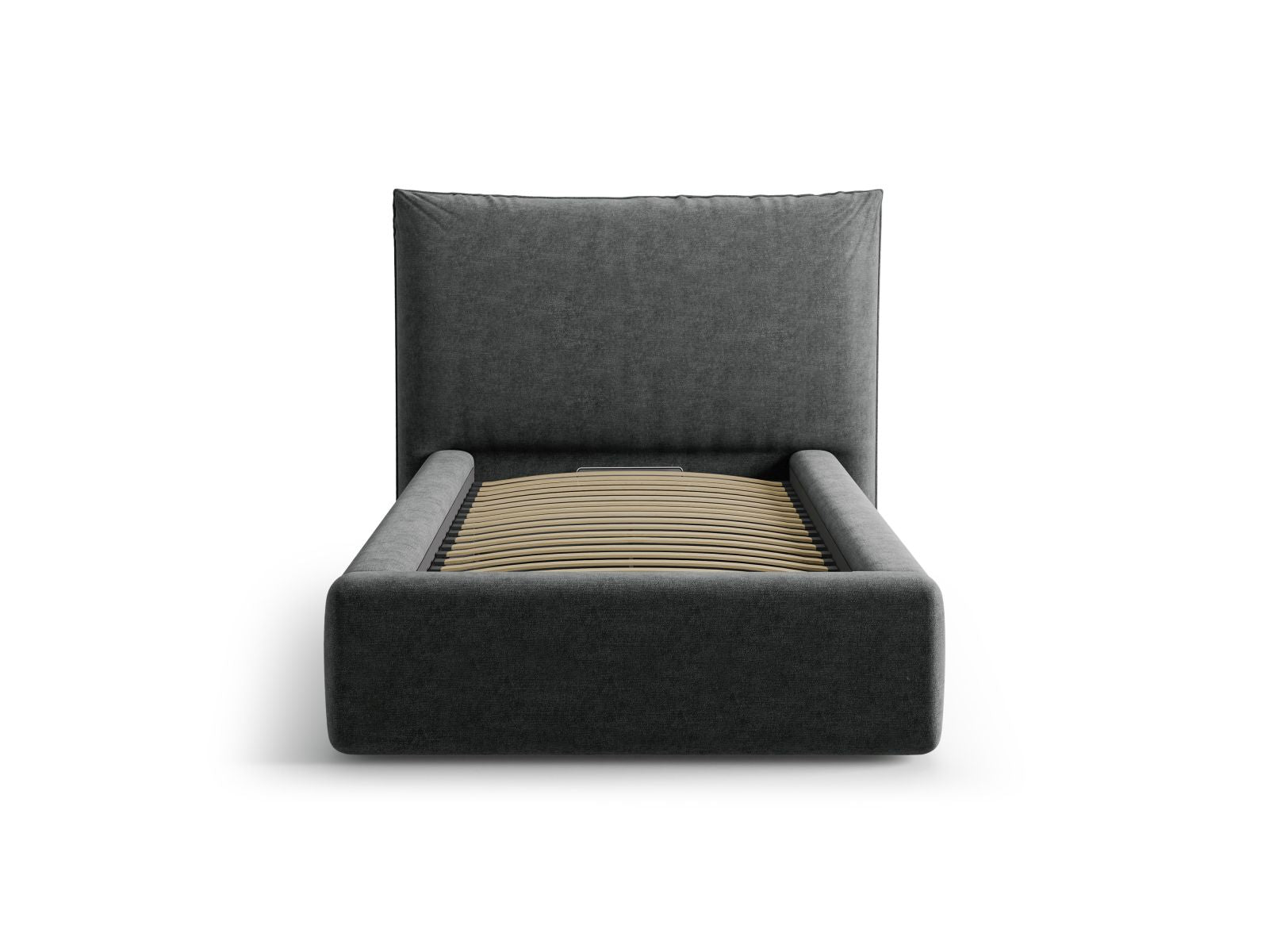 Stylisches Kaelle Bett mit 90 cm Breite, Kopfteil und praktischem Stauraum in Dunkelgrau, ideal für moderne Schlafzimmer.