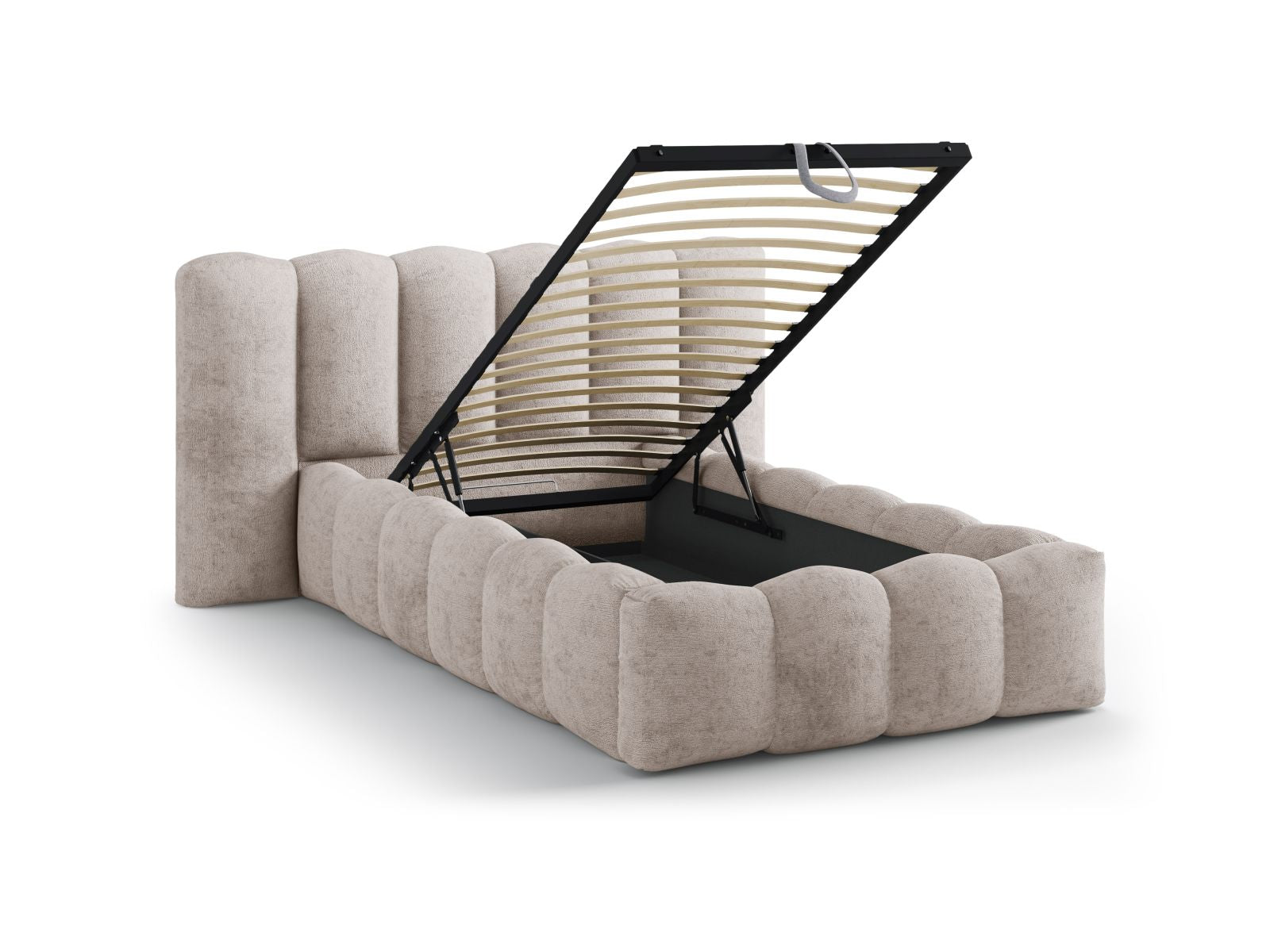 Modernes Micadoni Bett Lupine mit 90 cm Breite, ausgestattet mit einem ansprechenden Kopfteil und praktischem Stauraum für optimale Raumnutzung.