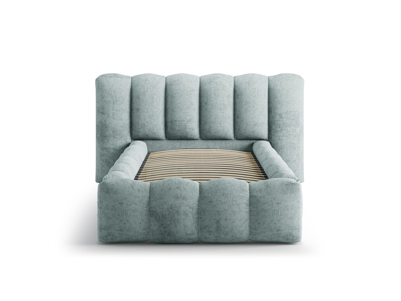 Elegantes Lupine Bett mit praktischem Stauraum und stilvollem Kopfteil in sanftem Hellblau, ideal für moderne Schlafzimmer.