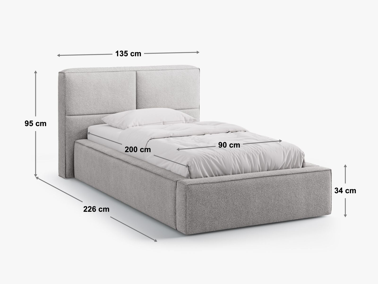 Elegantes Bett Darren mit 90 cm Kopfteil und integriertem Stauraum in trendigem Green Blue Melange, perfekt für stilvolle Schlafzimmer.