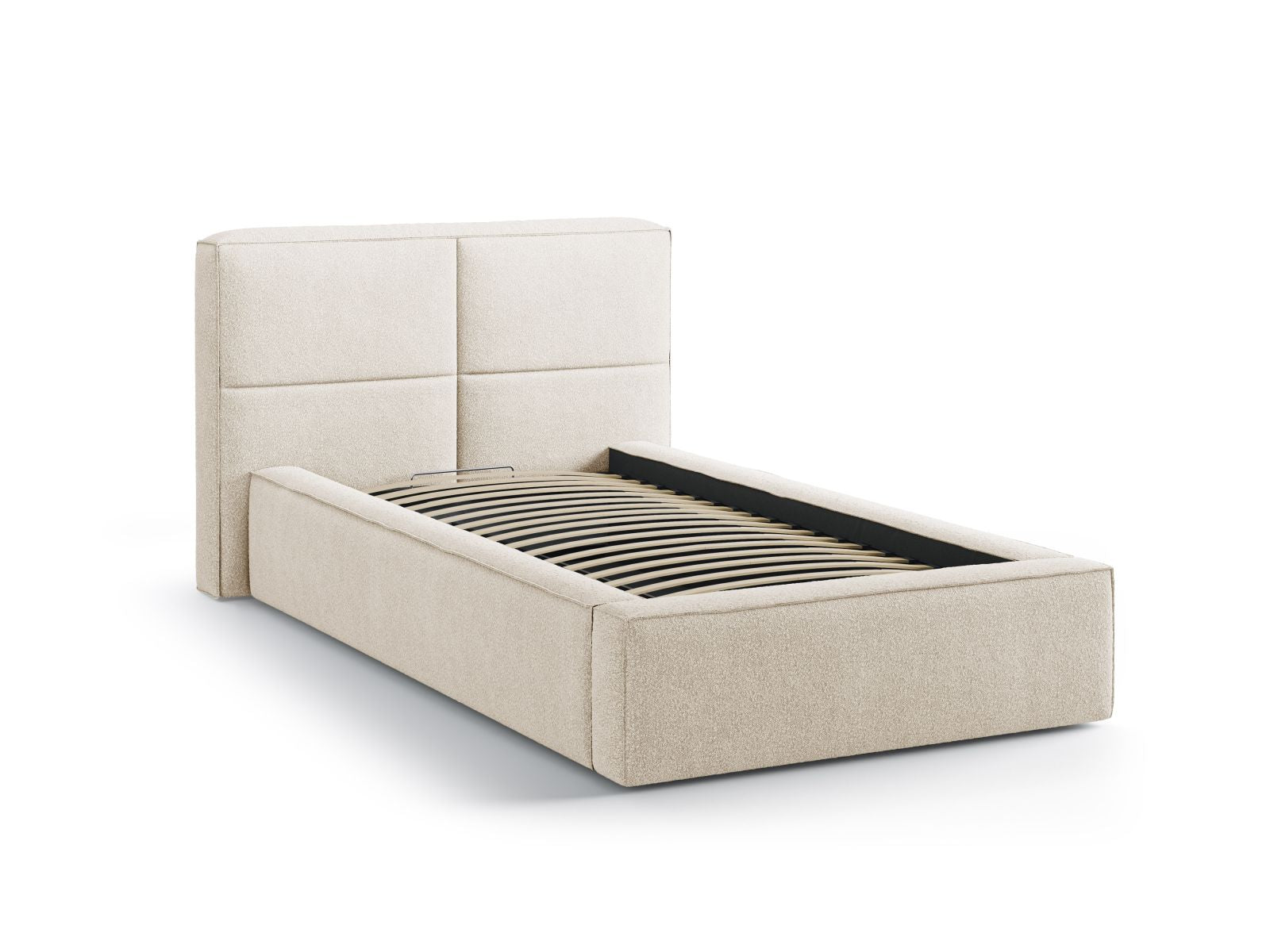 Elegantes Bett Darren mit 90 cm Kopfteil und praktischem Stauraum in sanftem Beige, ideal für stilvolle und platzsparende Schlafzimmer.