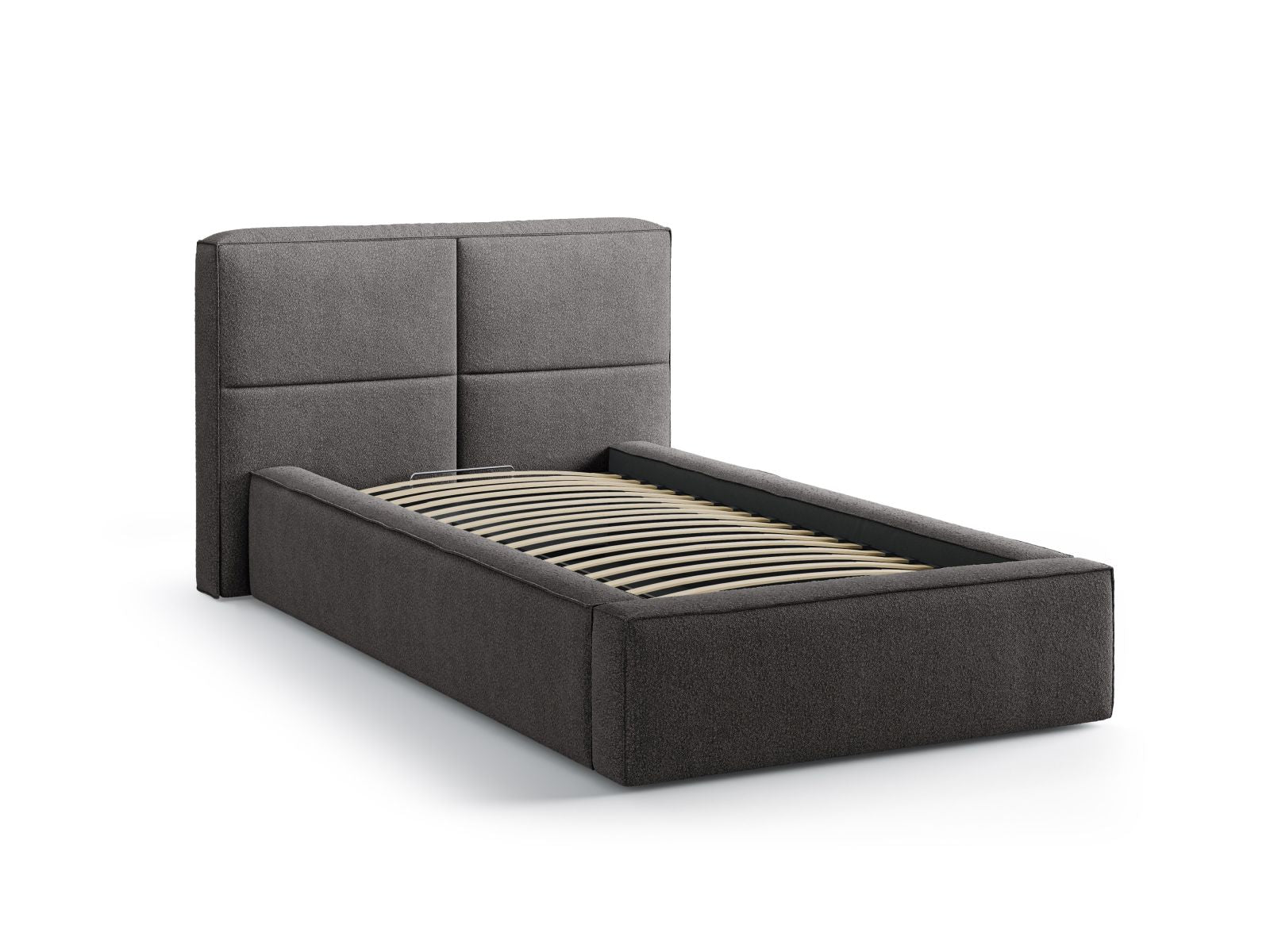 Modernes Bett Darren mit 90 cm Breite, stilvolles Kopfteil und praktischem Stauraum in Graphit, ideal für platzsparende Schlafzimmer.