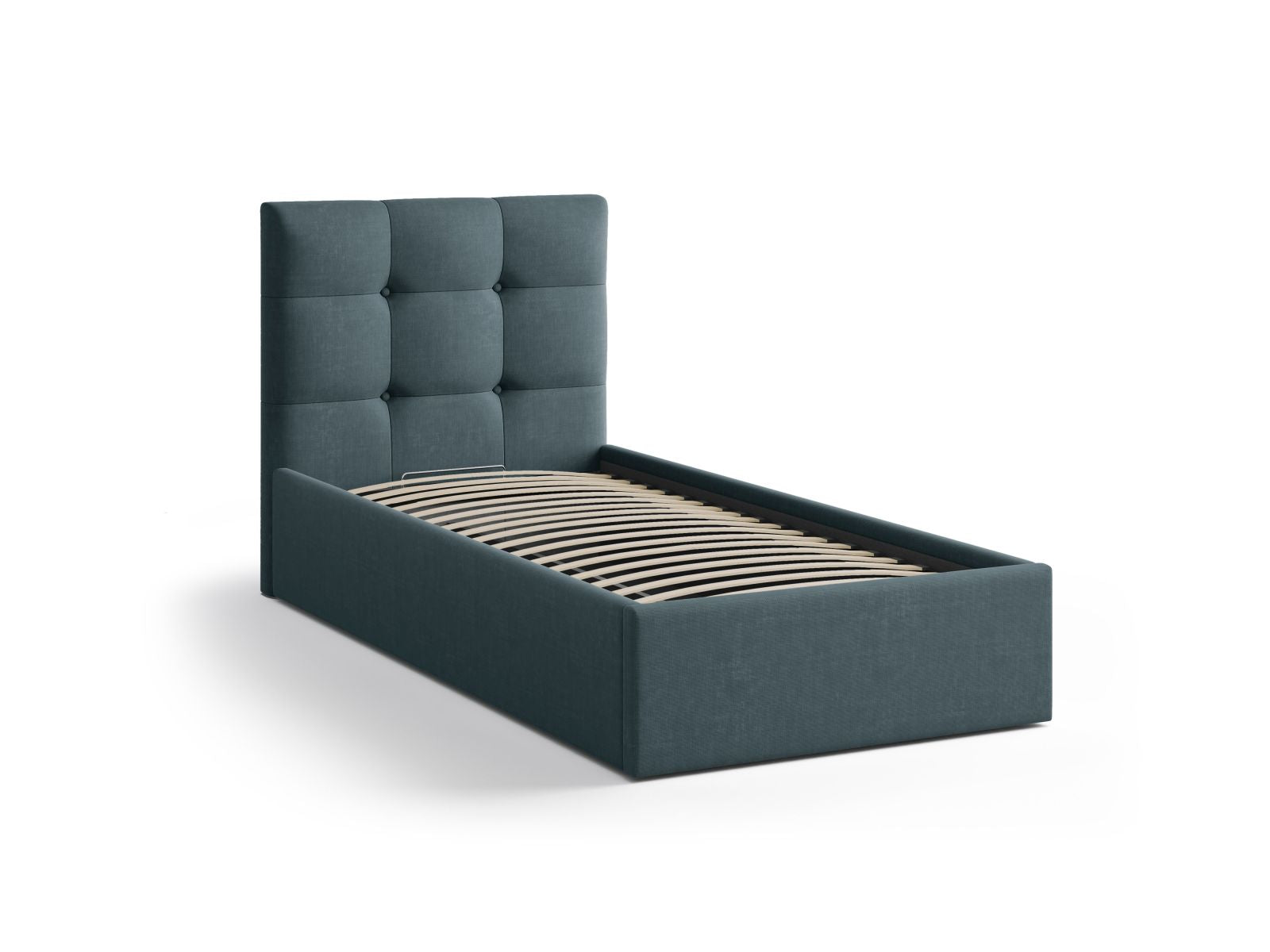 Elegantes Phaedra Bett in 90 cm mit funktionalem Stauraum und modernem Kopfteil in tiefem Petrol, ideal für jedes Schlafzimmer.