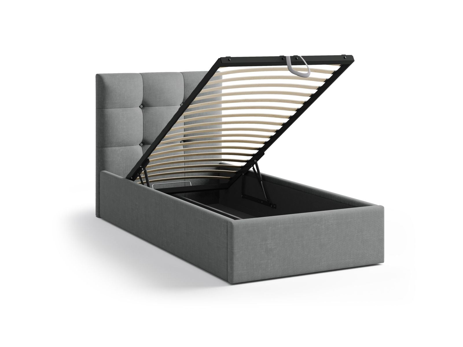 Elegantes Phaedra Bett mit 90 cm Breite, funktionalem Stauraum und geschmackvollem Kopfteil in Grey-Liberty, perfekt für moderne Schlafzimmer.