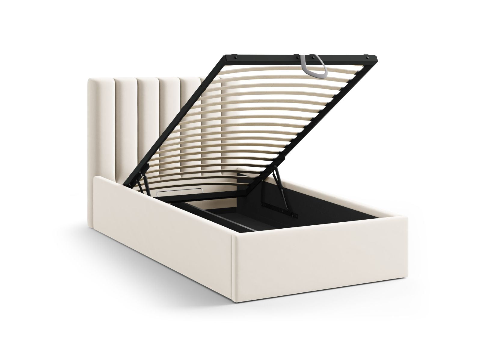Stylisches Allison Bett in 90 cm Breite, ideal für kleine Räume, mit integriertem Stauraum und einem modernen Kopfteil in sanftem Beige.