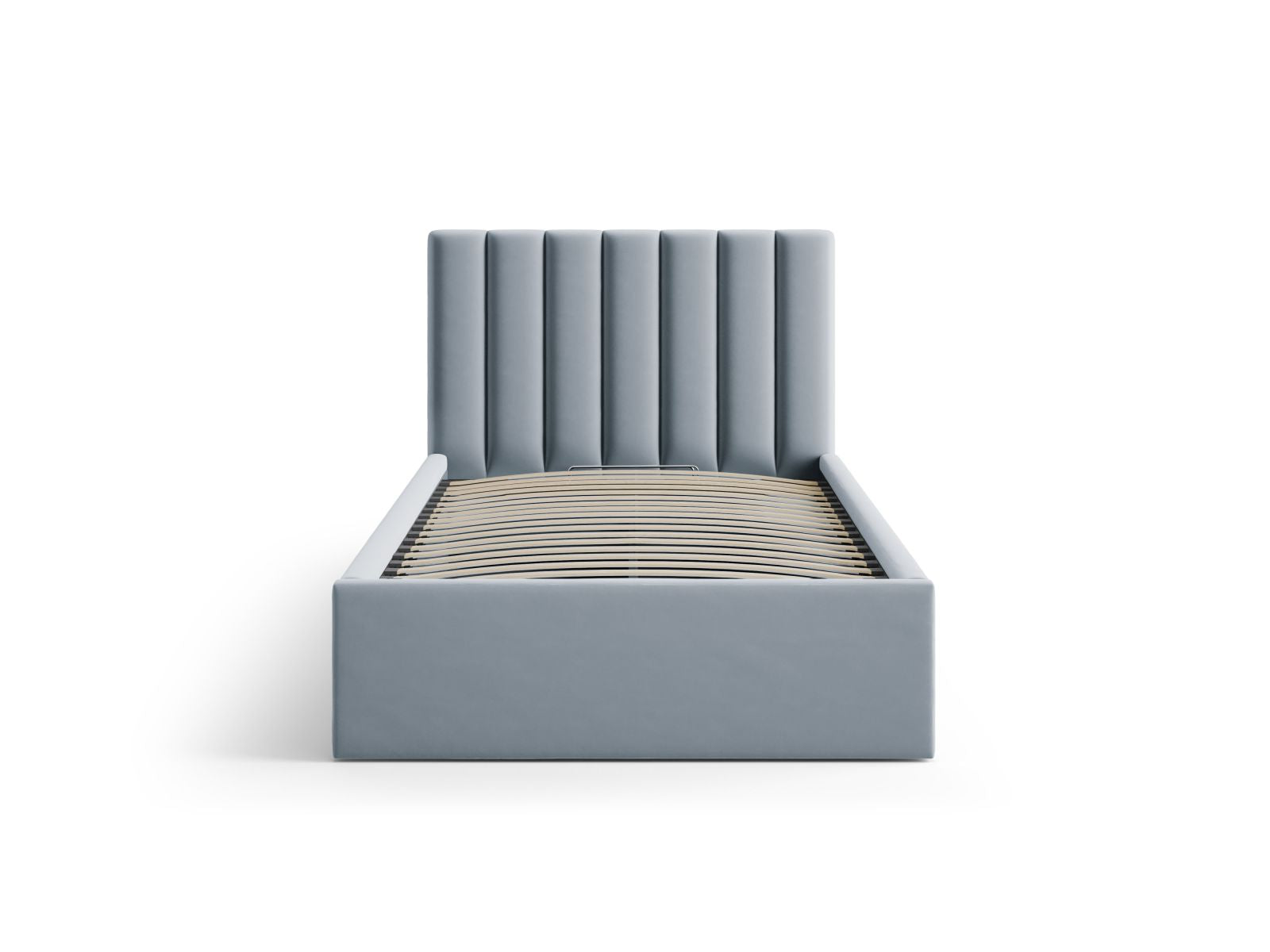 Elegantes Allison Bett mit praktischem Stauraum und stilvollem Kopfteil in sanftem Light Blue-Bluvel, ideal für jedes Schlafzimmer.