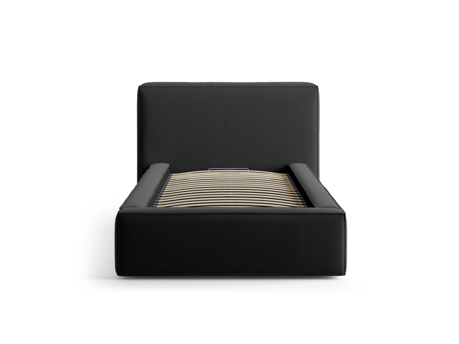 Elegantes Jodie Bett mit 90 cm Breite, Stauraum und stilvollem Kopfteil in Black-Bluvel, ideal für moderne Schlafzimmer.