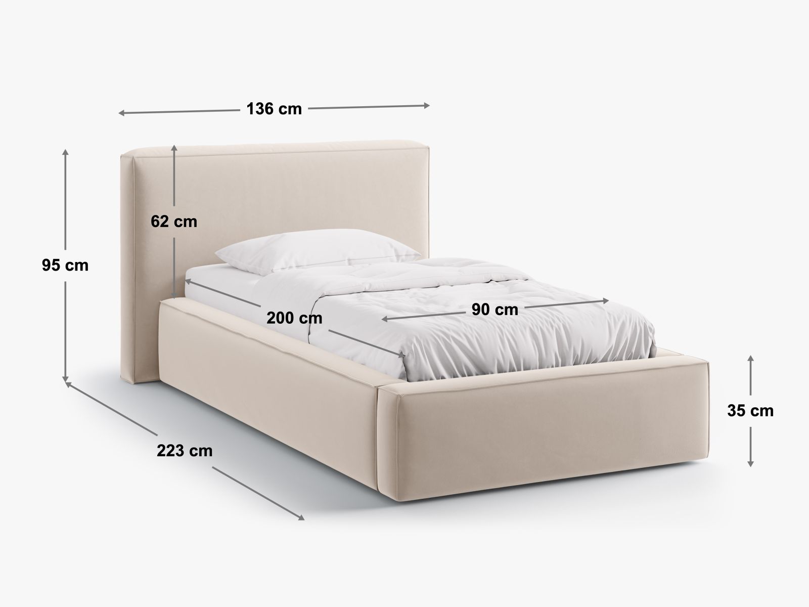 Stylisches Jodie Bett mit 90 cm Breite, praktischem Stauraum und ansprechendem Kopfteil in Black-Bluvel, perfekt für zeitgemäße Wohnräume.