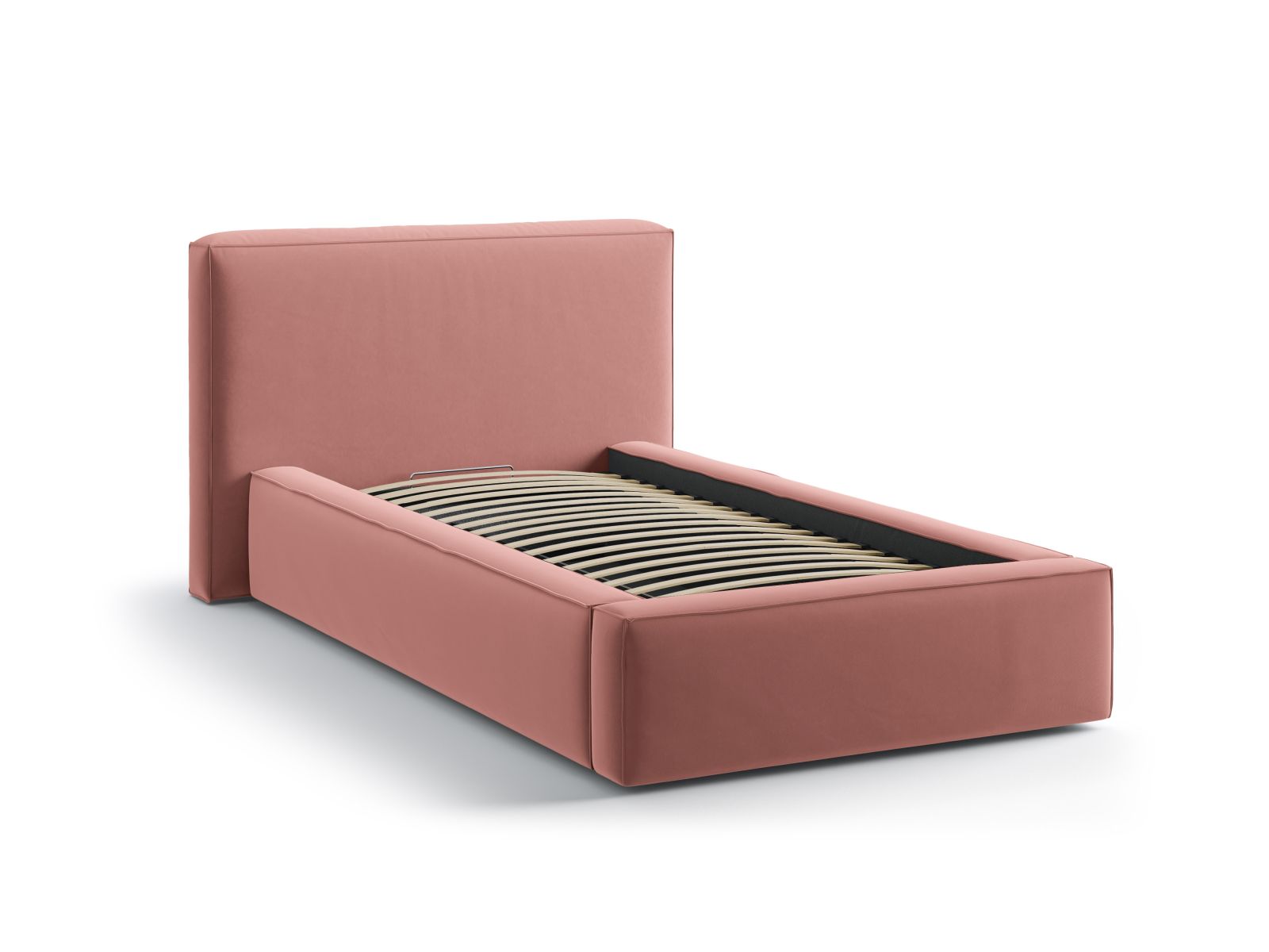 Stylisches Jodie Bett mit 90 cm Breite, Kopfteil und cleverem Stauraum, ideal für moderne Schlafzimmer in sanften Pink- und Blautönen.