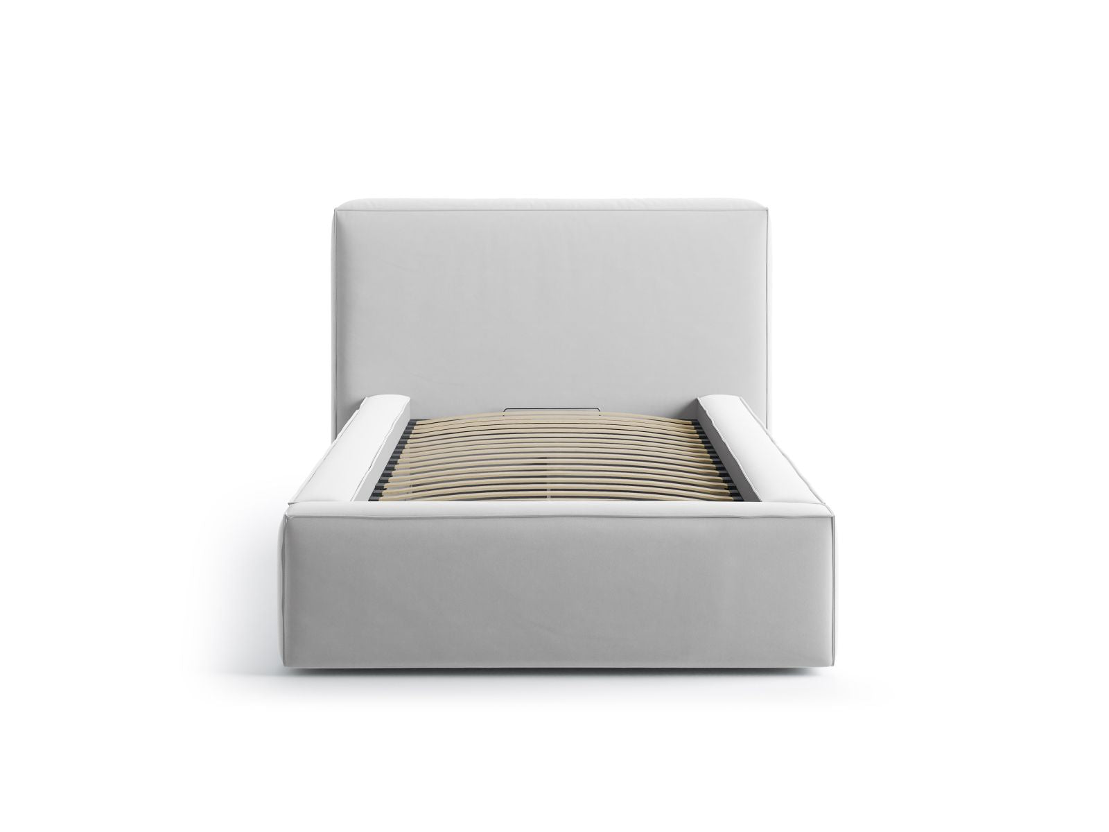 Elegantes Jodie Bett mit 90 cm Breite, Stauraum und stilvollem Kopfteil in Silver-Bluvel, ideal für moderne Schlafzimmer.