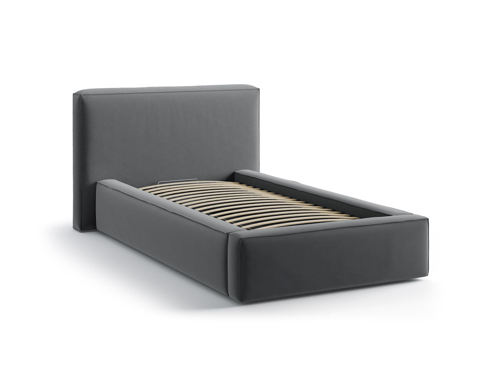 Modernes Jodie Bett mit 90 cm Breite, elegantem Kopfteil und integriertem Stauraum in Grey-Bluvel, ideal für stilvolle Schlafzimmer.