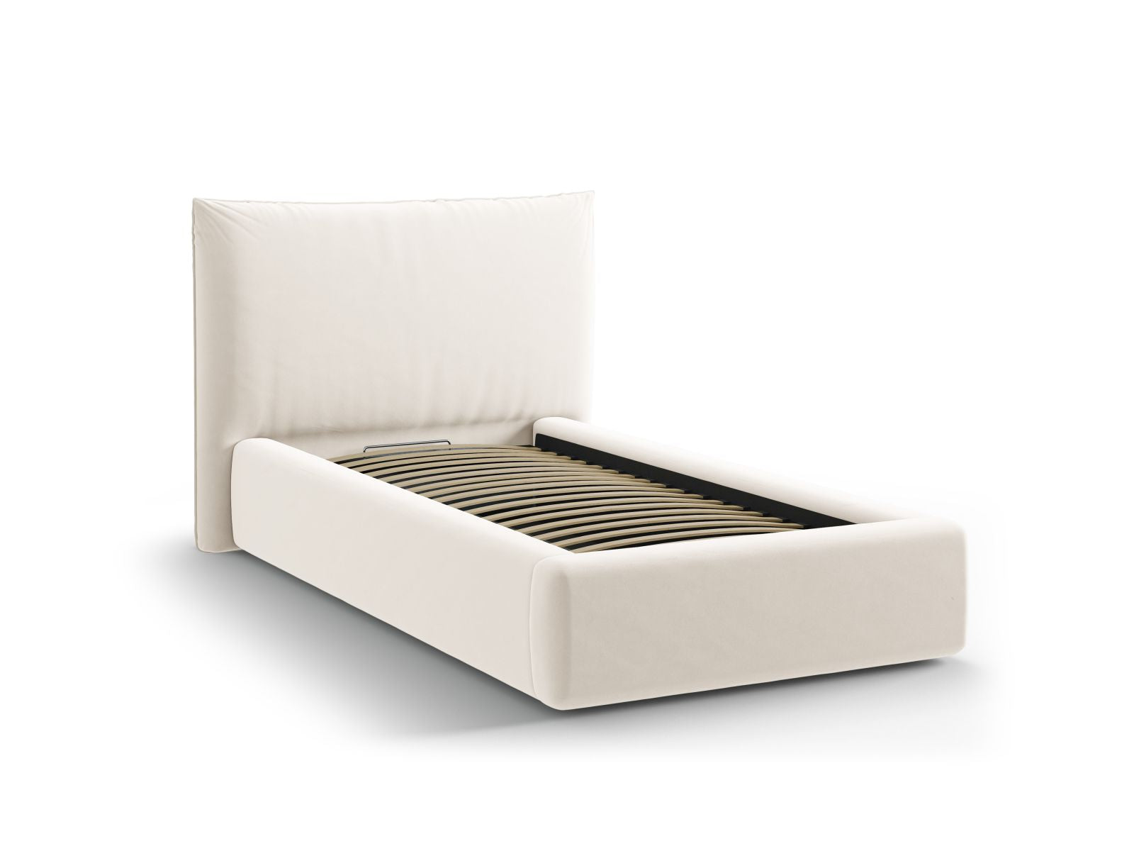 Stylisches Kaelle Bett in 90 cm Breite, ausgestattet mit praktischem Stauraum und einem modernen Kopfteil in sanftem Beige, ideal für jedes Schlafzimmer.