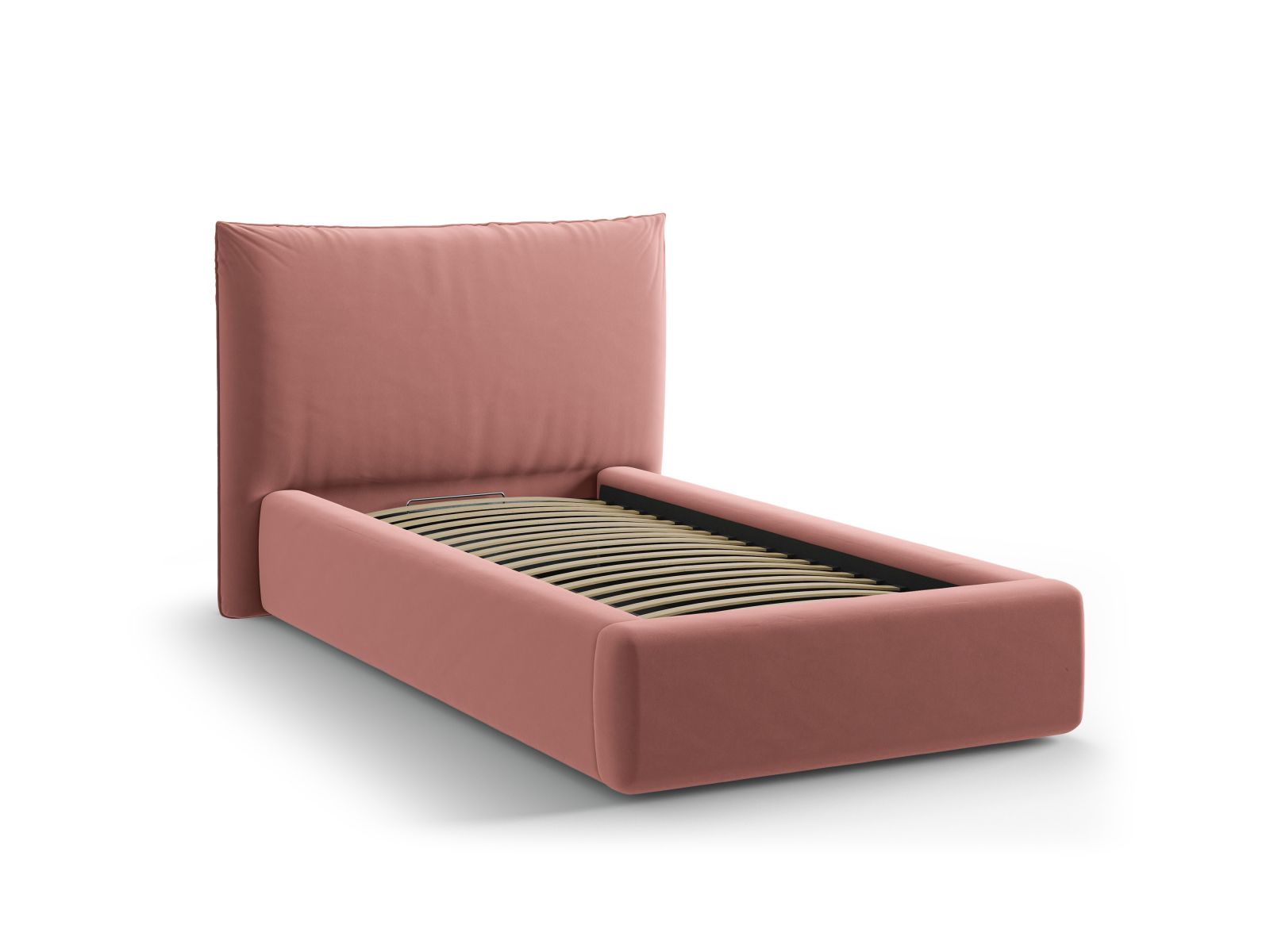 Stylisches Kaelle Bett mit 90 cm Breite, Kopfteil und praktischem Stauraum, ideal für moderne Schlafzimmerlösungen.