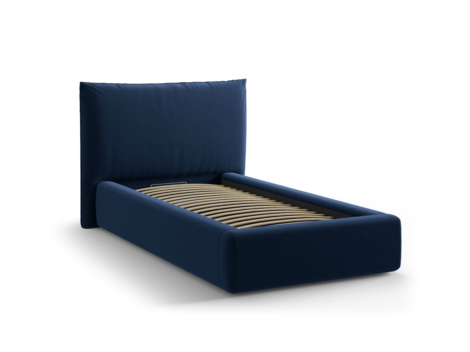Elegantes Kaelle Bett in Royal Blue, 90 cm breit, bietet cleveren Stauraum und ein modernes Kopfteil für stilvolle Schlafzimmergestaltung.