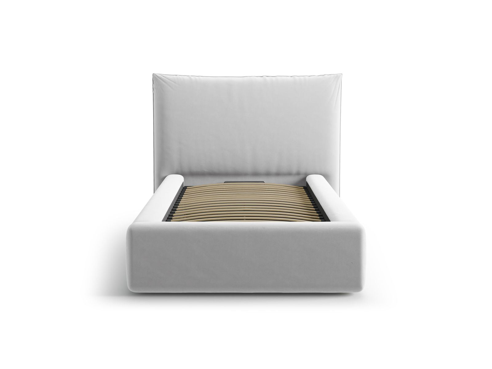 Stylisches Kaelle Bett mit 90 cm Breite, Kopfteil und praktischem Stauraum in elegantem Light Grey-Bluvel, ideal für moderne Schlafzimmer.
