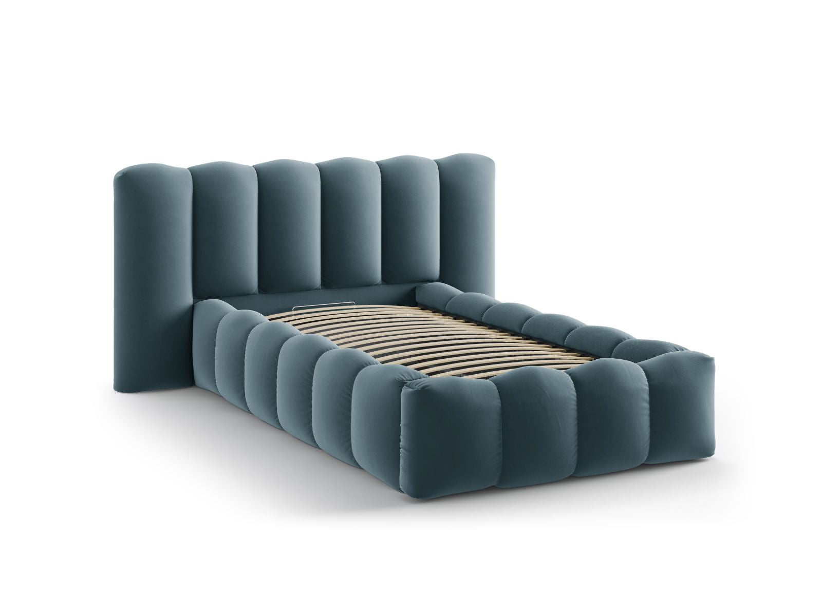 Elegantes Micadoni Bett Lupine mit 90 cm Breite, ideal für platzsparende Schlafzimmer, bietet praktischen Stauraum und ein stilvolles Kopfteil.