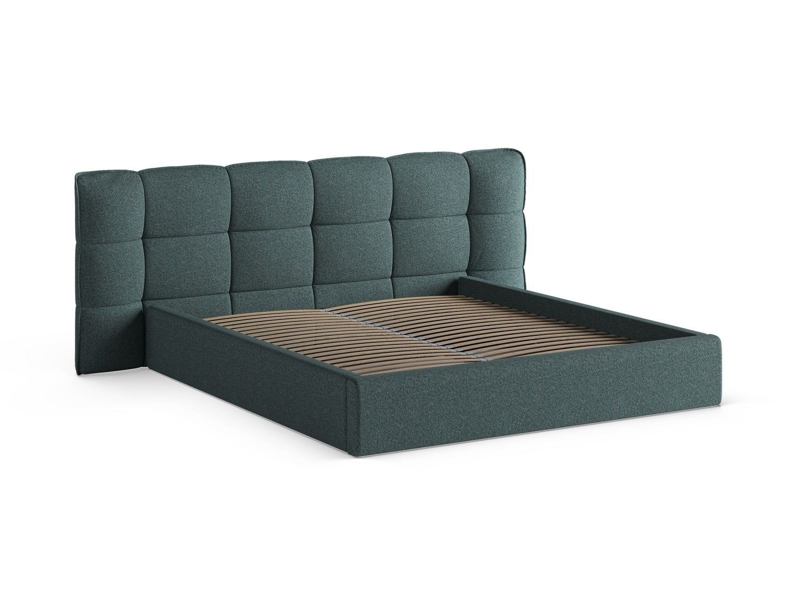 Elegantes Eric Bett in Green Blue Melange, ausgestattet mit praktischem Stauraum und einem ansprechenden Kopfteil für ein modernes Ambiente.