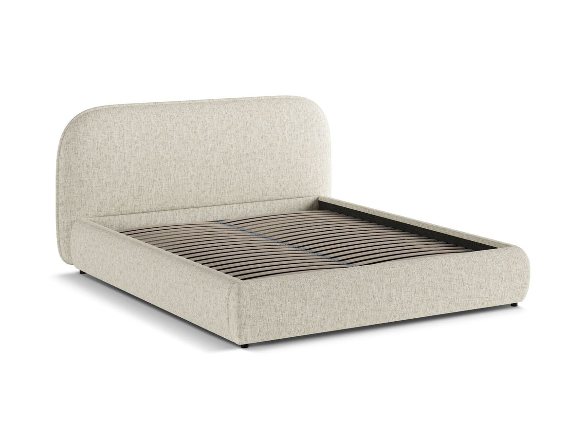 Stauraumbett Murada von Micadoni in Light Beige Melange-Tracy mit gepolstertem Kopfteil, Metallrahmen und schwarzen Kunststoffbeinen, Bettkasten geöffnet sichtbar