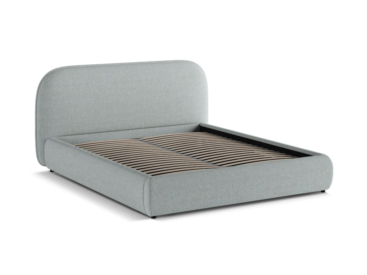 Stauraumbett Murada von Micadoni in Light Beige Melange-Tracy mit gepolstertem Kopfteil, Metallrahmen und schwarzen Kunststoffbeinen, Bettkasten geöffnet sichtbar