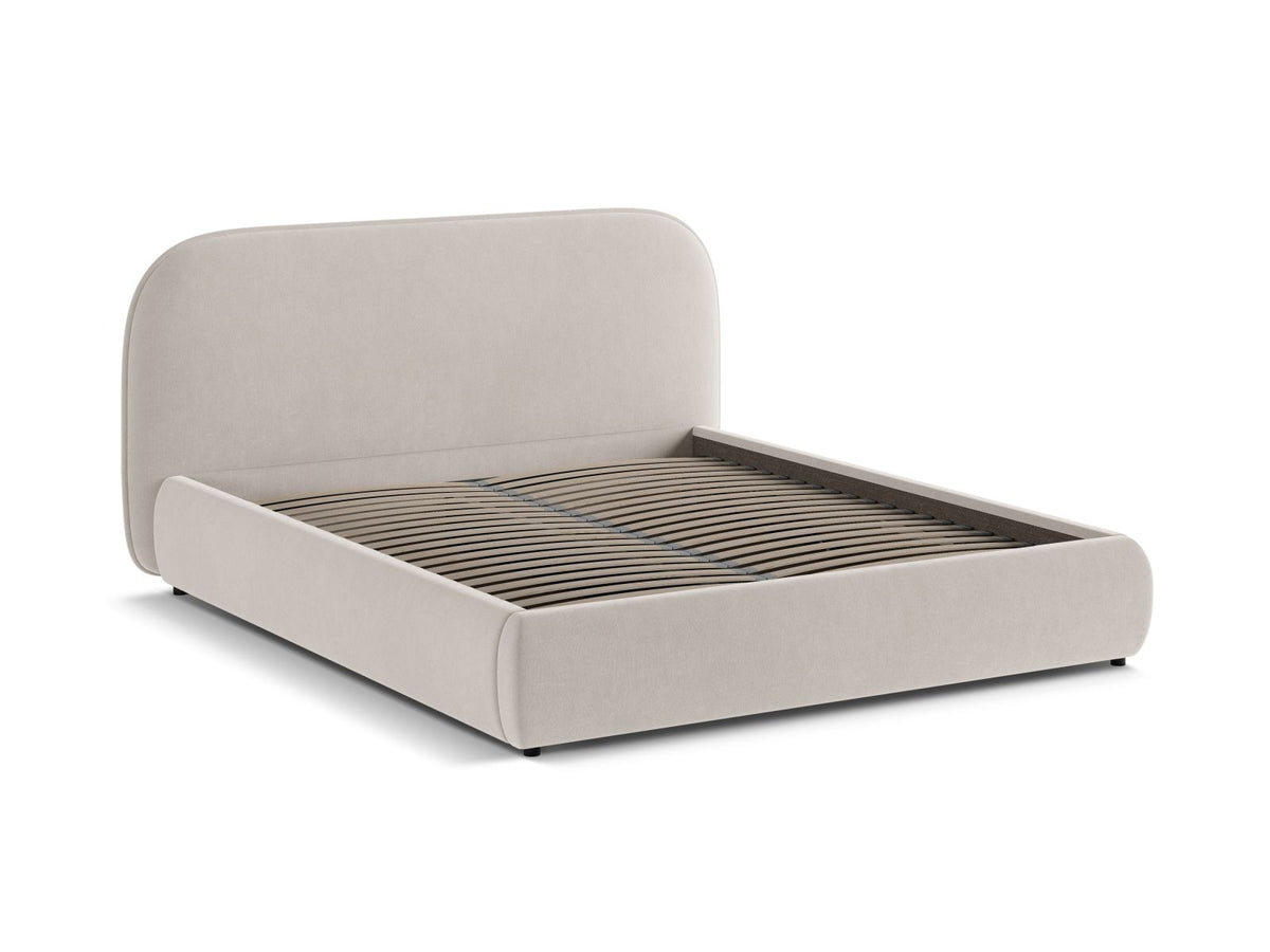 Stauraumbett Murada von Micadoni in Light Beige Melange-Tracy mit gepolstertem Kopfteil, Metallrahmen und schwarzen Kunststoffbeinen, Bettkasten geöffnet sichtbar