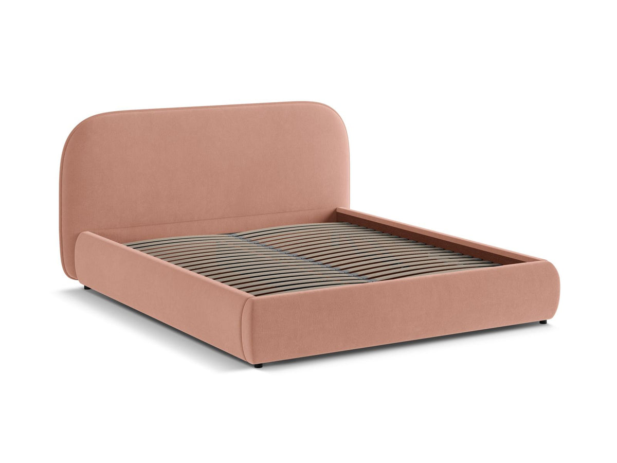 Stauraumbett Murada von Micadoni in Light Beige Melange-Tracy mit gepolstertem Kopfteil, Metallrahmen und schwarzen Kunststoffbeinen, Bettkasten geöffnet sichtbar