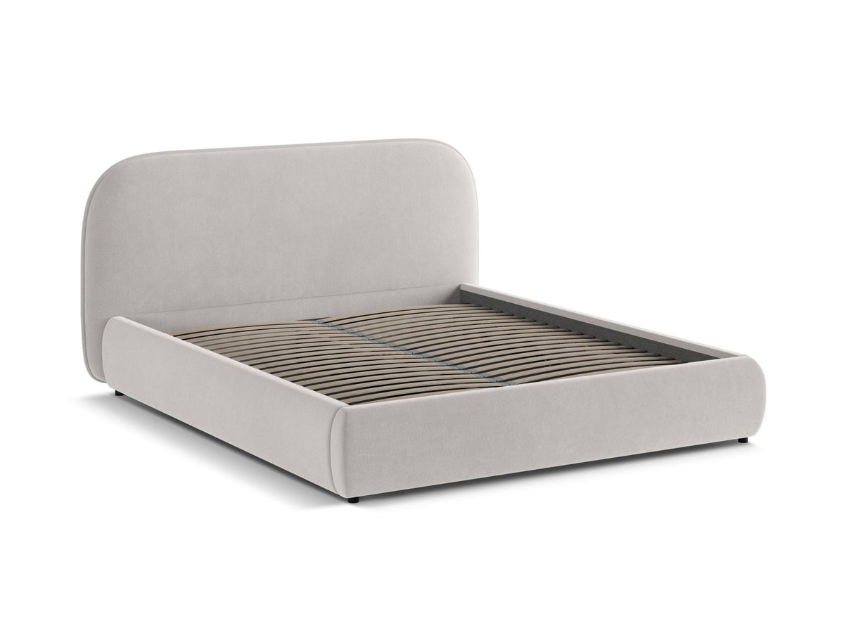 Stauraumbett Murada von Micadoni in Light Beige Melange-Tracy mit gepolstertem Kopfteil, Metallrahmen und schwarzen Kunststoffbeinen, Bettkasten geöffnet sichtbar