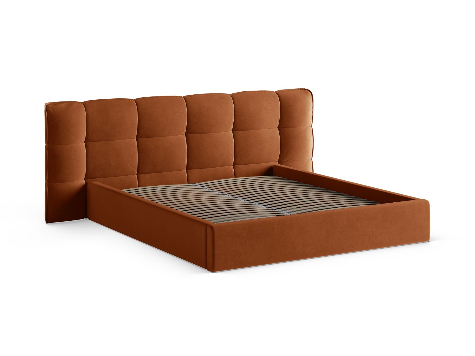 Elegantes Eric Bett in warmem Terracotta, 180 cm breit, mit integriertem Stauraum und ansprechendem Kopfteil für ein gemütliches Ambiente.