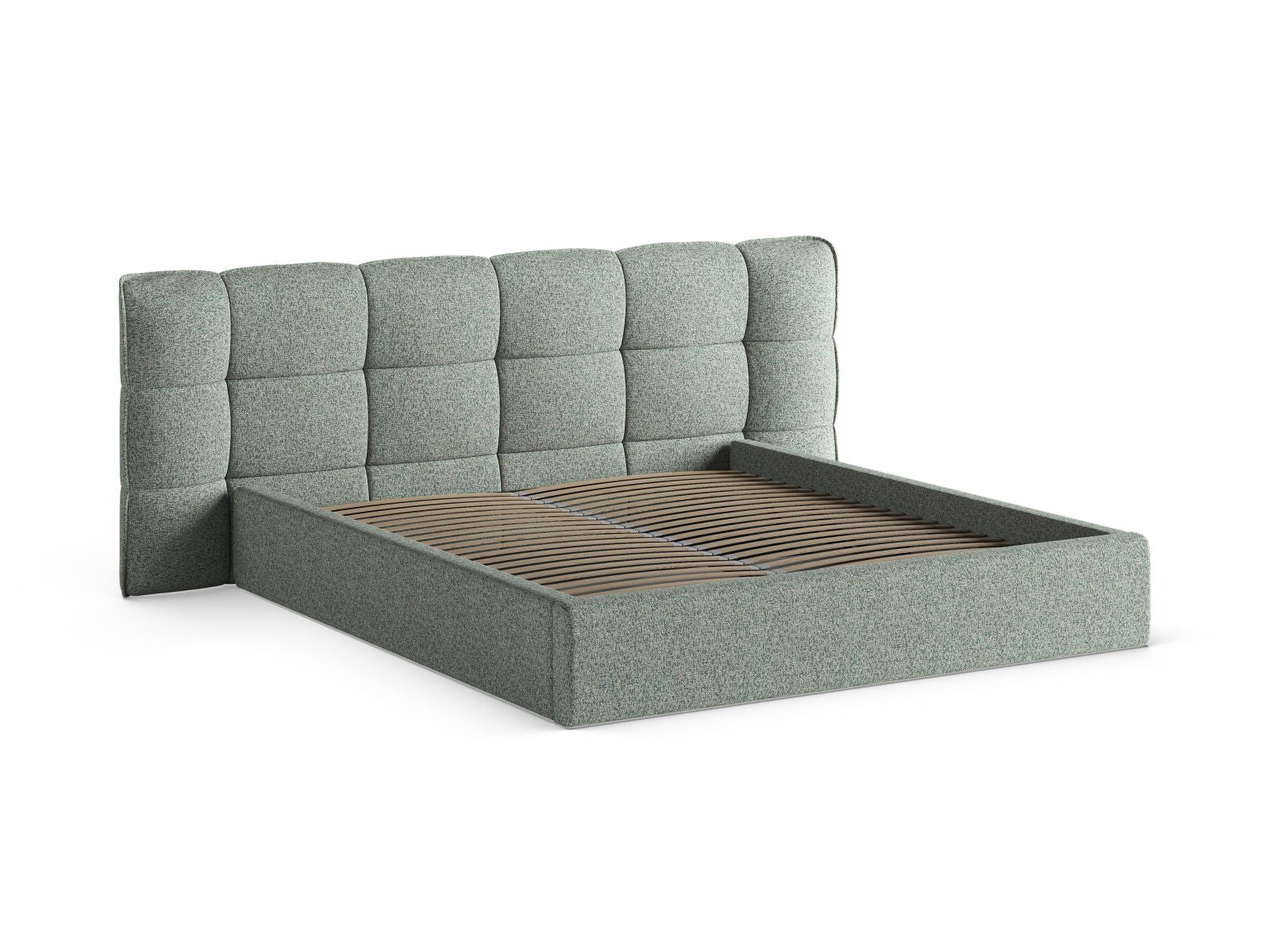 Elegantes Eric Bett mit 180 cm Breite, ausgestattet mit praktischem Stauraum und einem stilvollen Kopfteil in trendigem Moss Green.