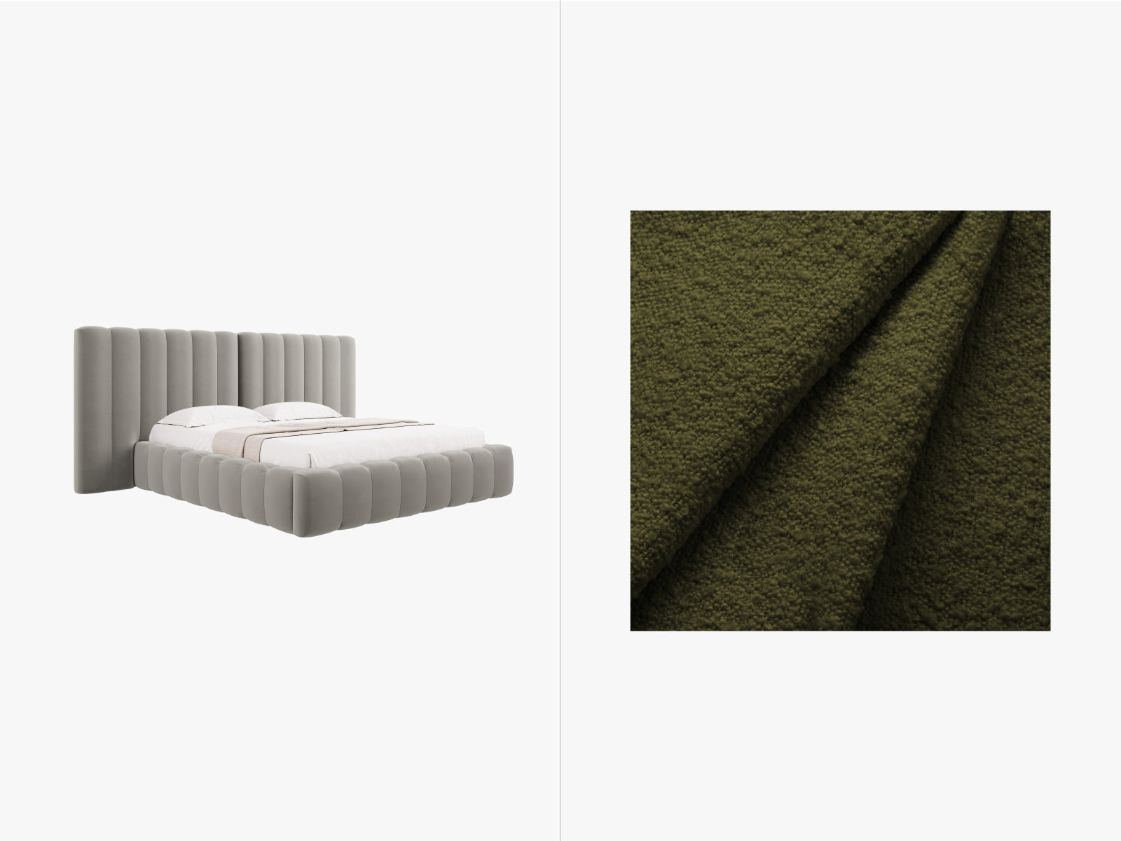 Kelp Boucle Bett mit Stauraum und doppeltem Headboard in Dark Olive Green präsentiert im Onlineshop von KAQTU Design AG. Bett ist von Micadoni