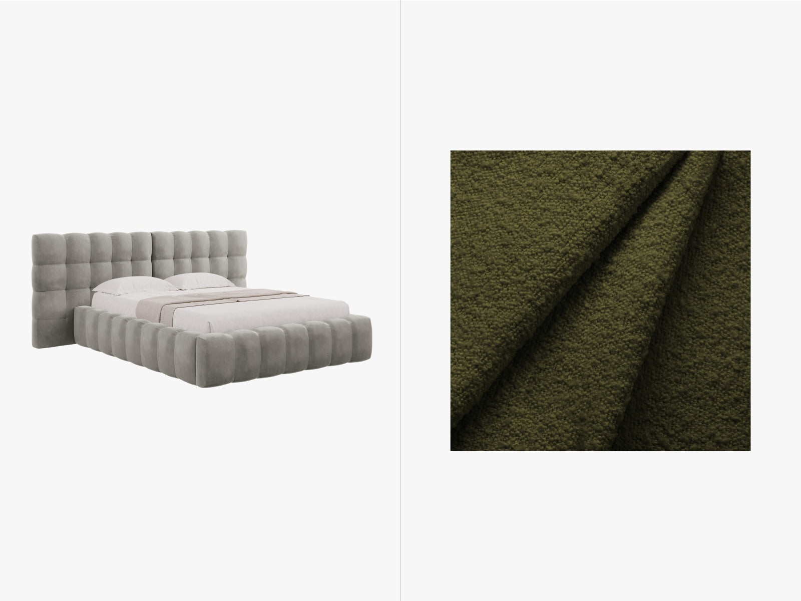 Mamaia Boucle Bett mit Strauaum und doppeltem Headboard 200cm in Dark Olive Green/Schwarz präsentiert im Onlineshop von KAQTU Design AG. Bett ist von Micadoni