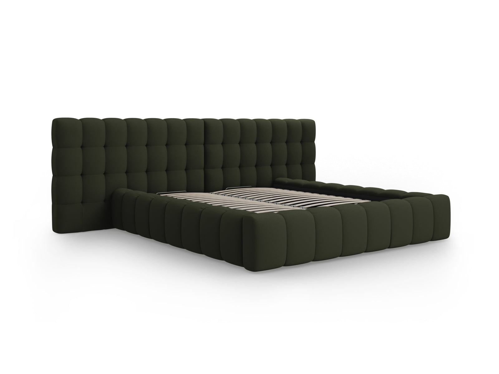 Stilvolles Mamaia Bett mit doppeltem Kopfteil und cleverem Stauraum, 140 cm breit, perfekt für moderne Schlafzimmerlösungen.