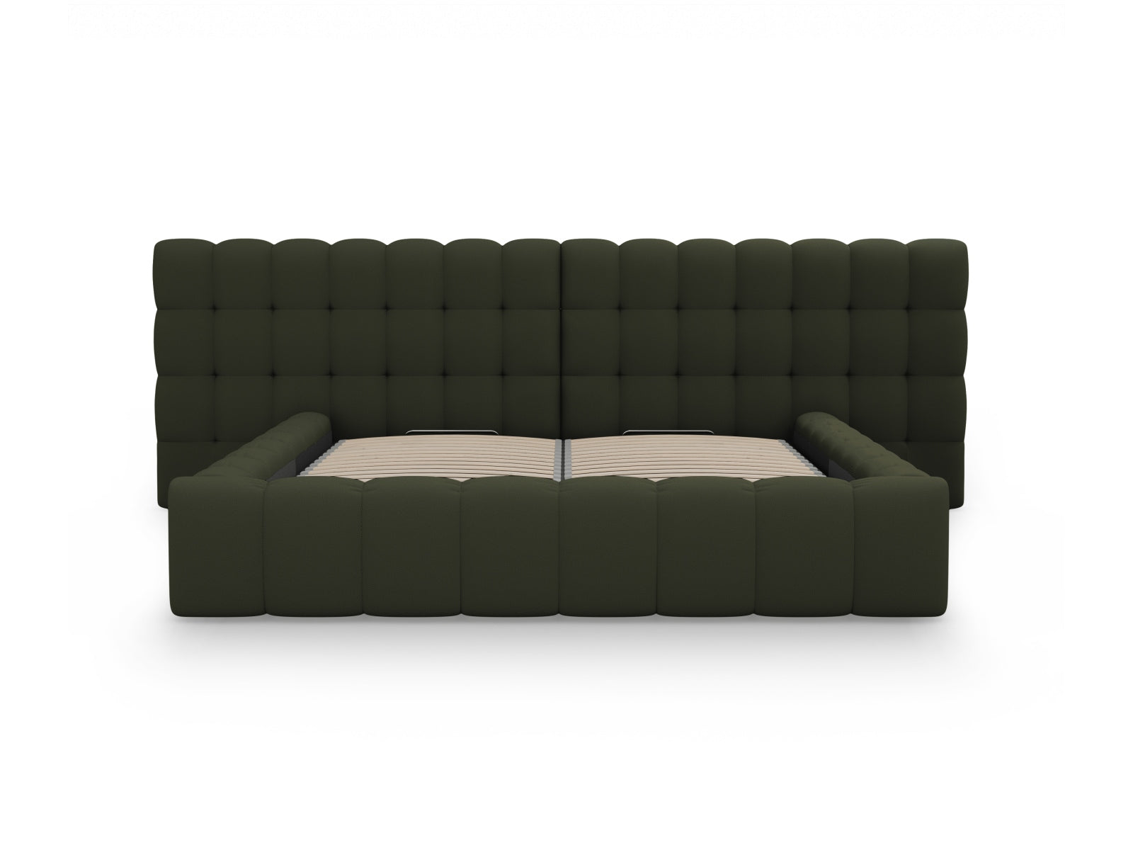 Elegantes Mamaia Bett mit praktischem Stauraum und doppeltem Kopfteil, 140 cm breit, ideal für platzsparende Schlafzimmergestaltung.