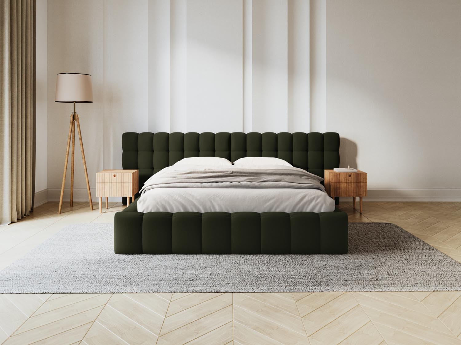 Elegantes Mamaia Bett mit praktischem Stauraum und doppeltem Kopfteil in 140 cm Breite, ideal für stilvolle Schlafzimmer.