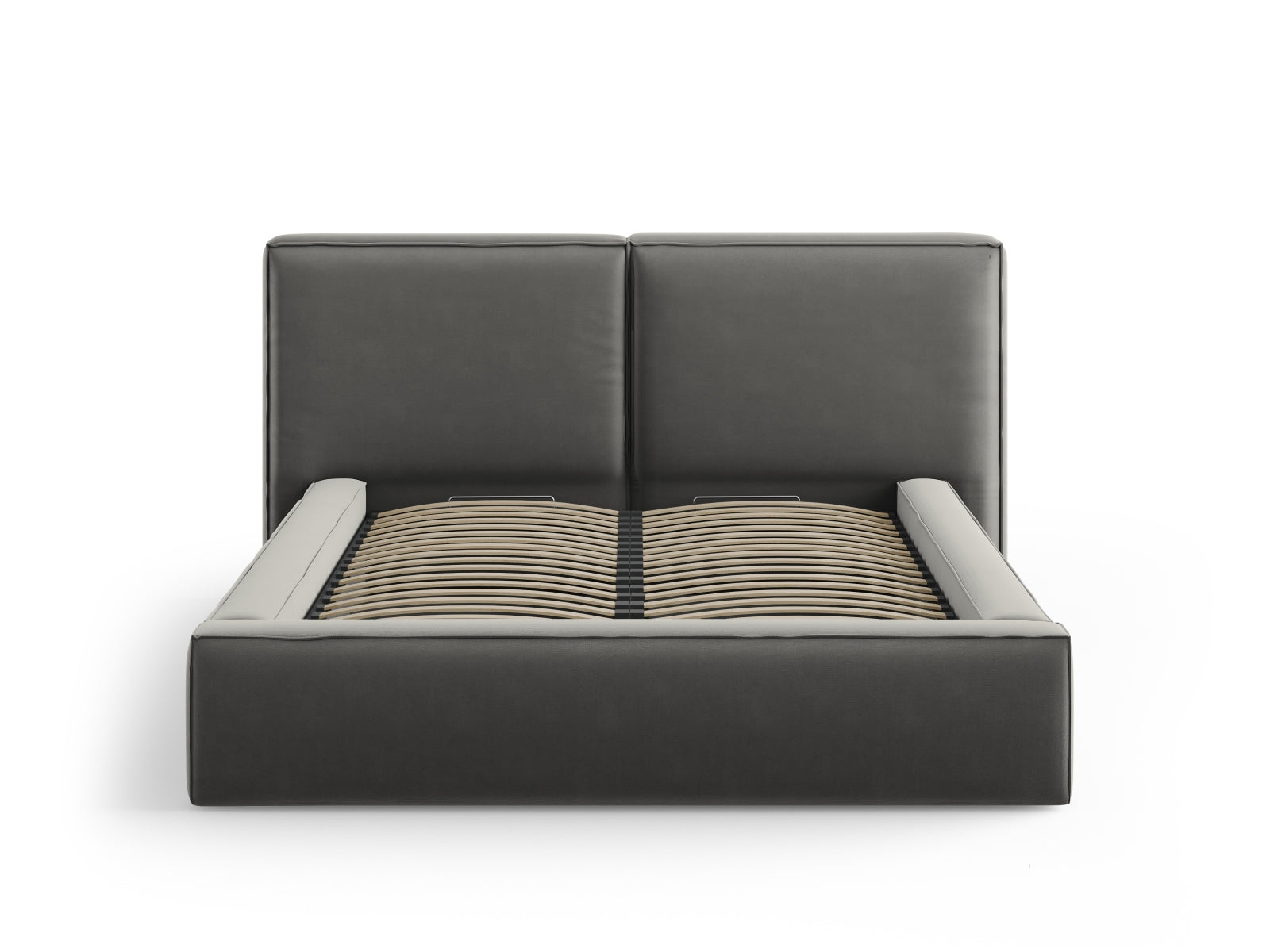 Elegantes Jodie Velour Bett in zartem Grau, ausgestattet mit praktischem Stauraum und einem doppelten Kopfteil für zusätzlichen Komfort.