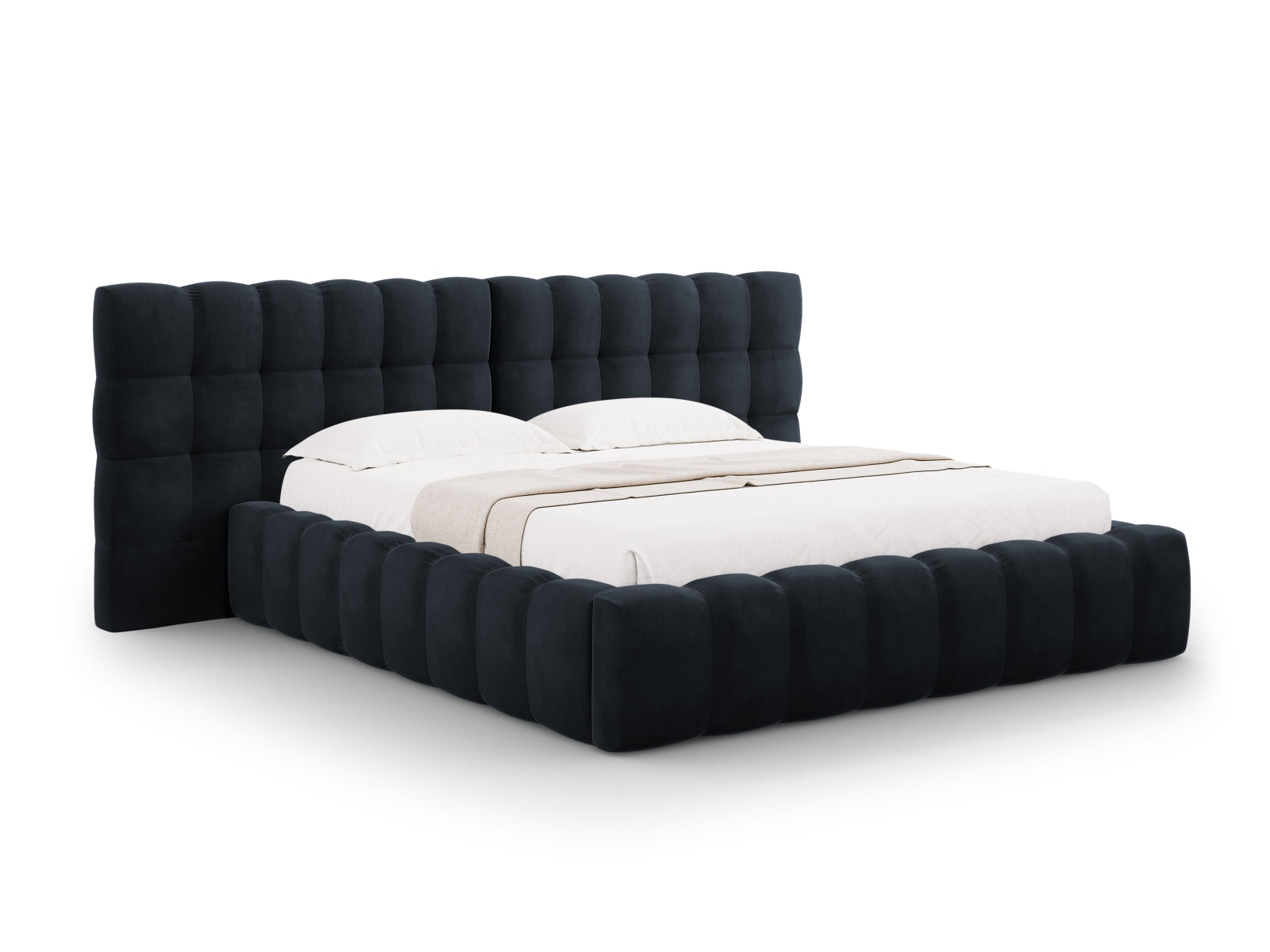 Mamaia Velour Bett mit Strauaum und doppeltem Headboard 200cm in Dark Blue/Schwarz präsentiert im Onlineshop von KAQTU Design AG. Bett ist von Micadoni