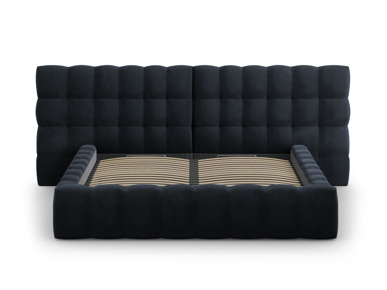 Elegantes Mamaia Velour Bett in edlem Blau, bietet großzügigen Stauraum und ein komfortables, doppeltes Kopfteil für stilvolles Wohnen.